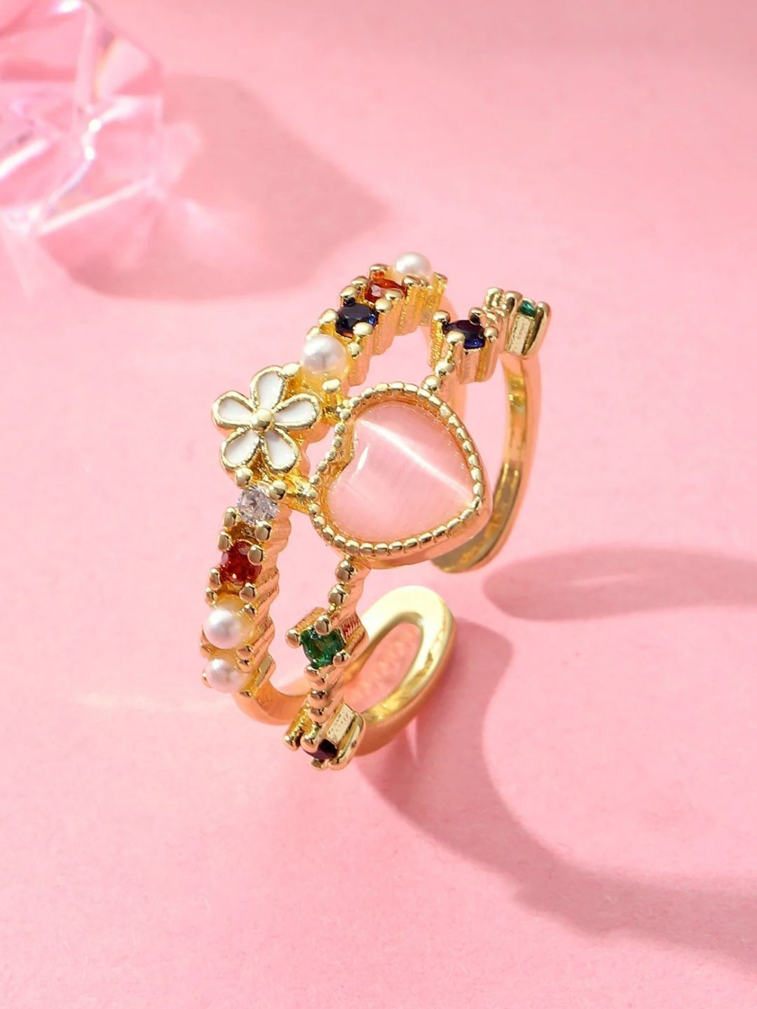 SALTY Pack of 2 Women Gemstone Heart Ring with Floral
