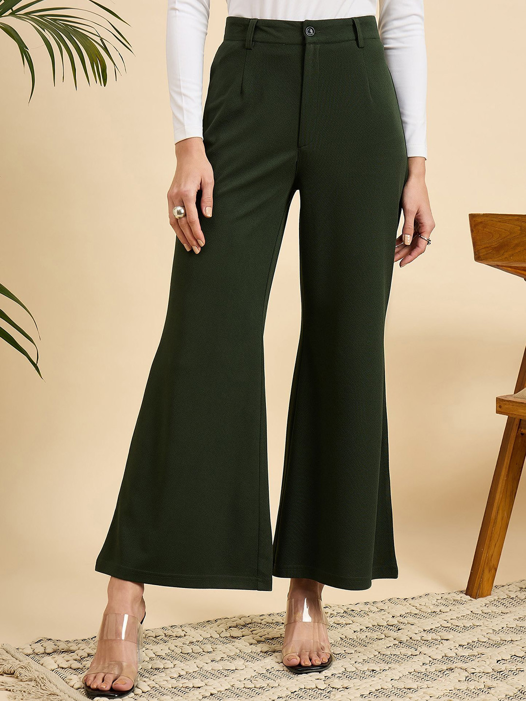 Mast & Harbour Women Solid Loose Fit Classic High-Rise Trousers