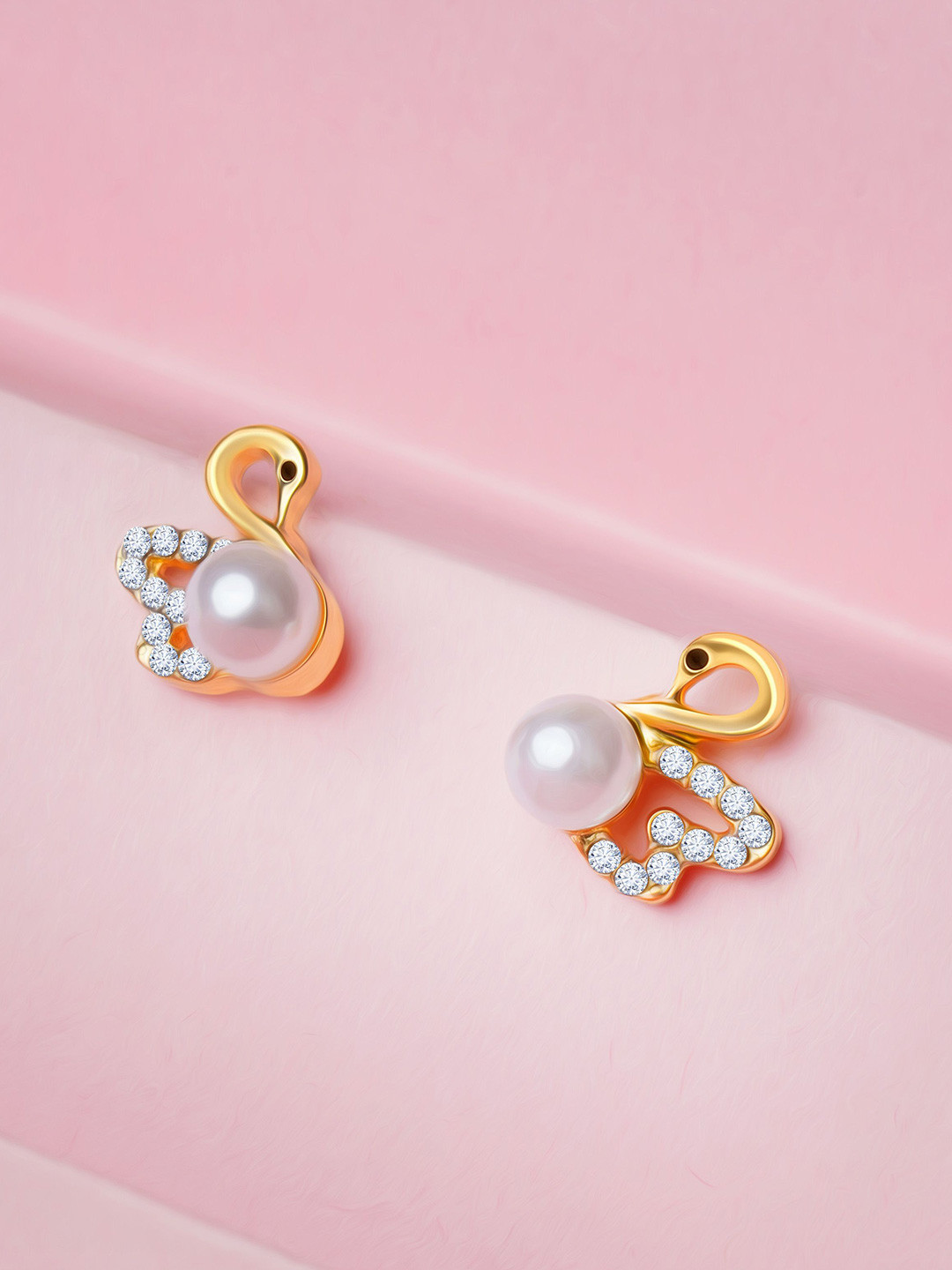 BISHTY  Stainless Steel Gold-Plated Cubic Zirconia Studded & Pearls Swan Studs