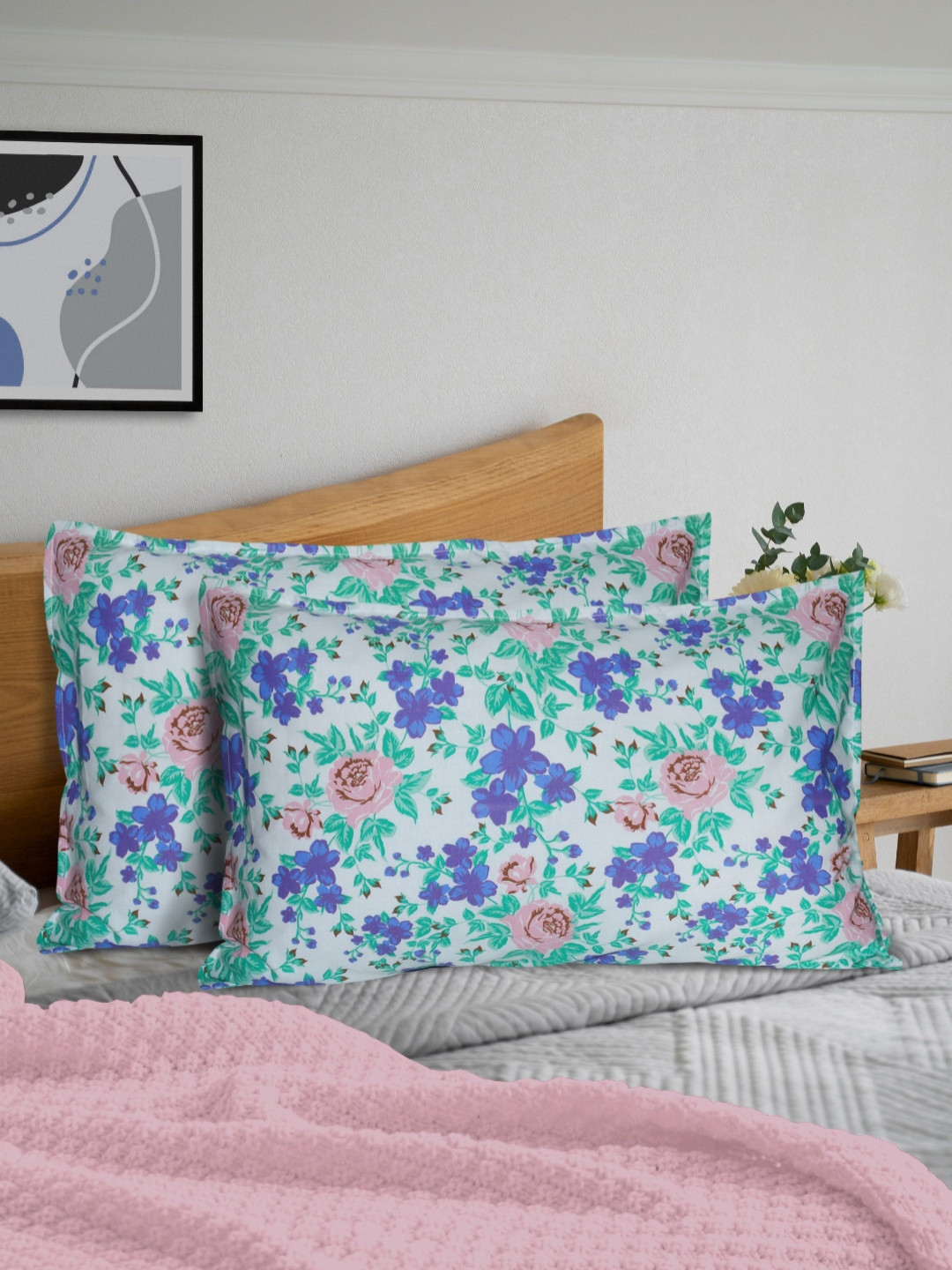 HOME COLORS.IN Blue & Green Set Of 2 Floral Printed Pure Cotton Rectangle Pillow Covers