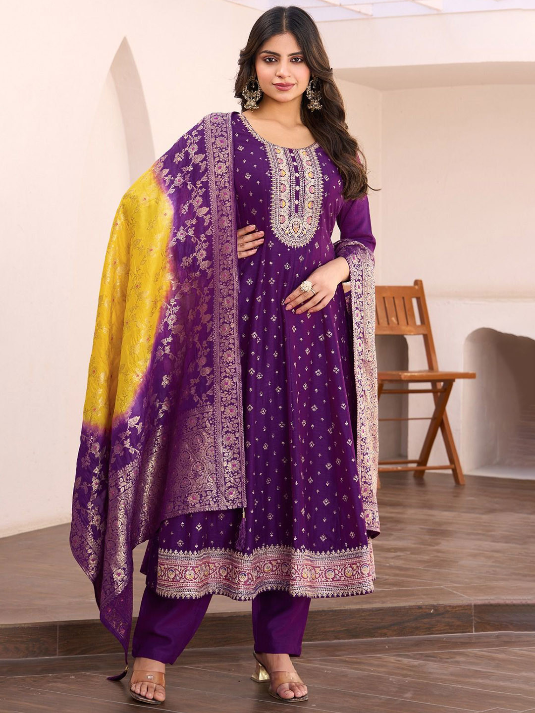 SHILL INTERNATIONAL Floral Printed Thread Work Anarkali Kurta With Trouser And Dupatta