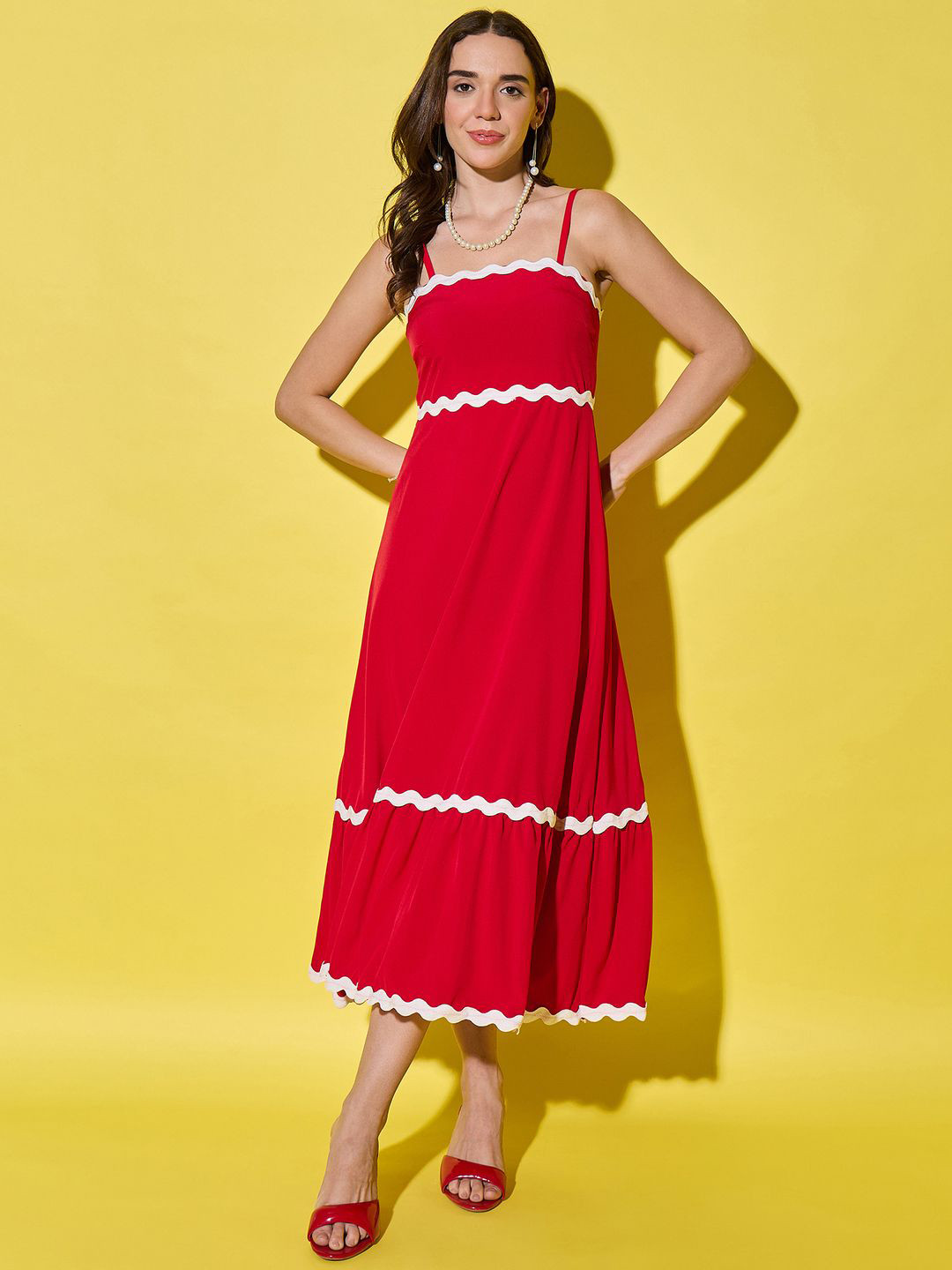 QIOA Ruffled Women A-Line Midi Dress with Spaghetti Straps