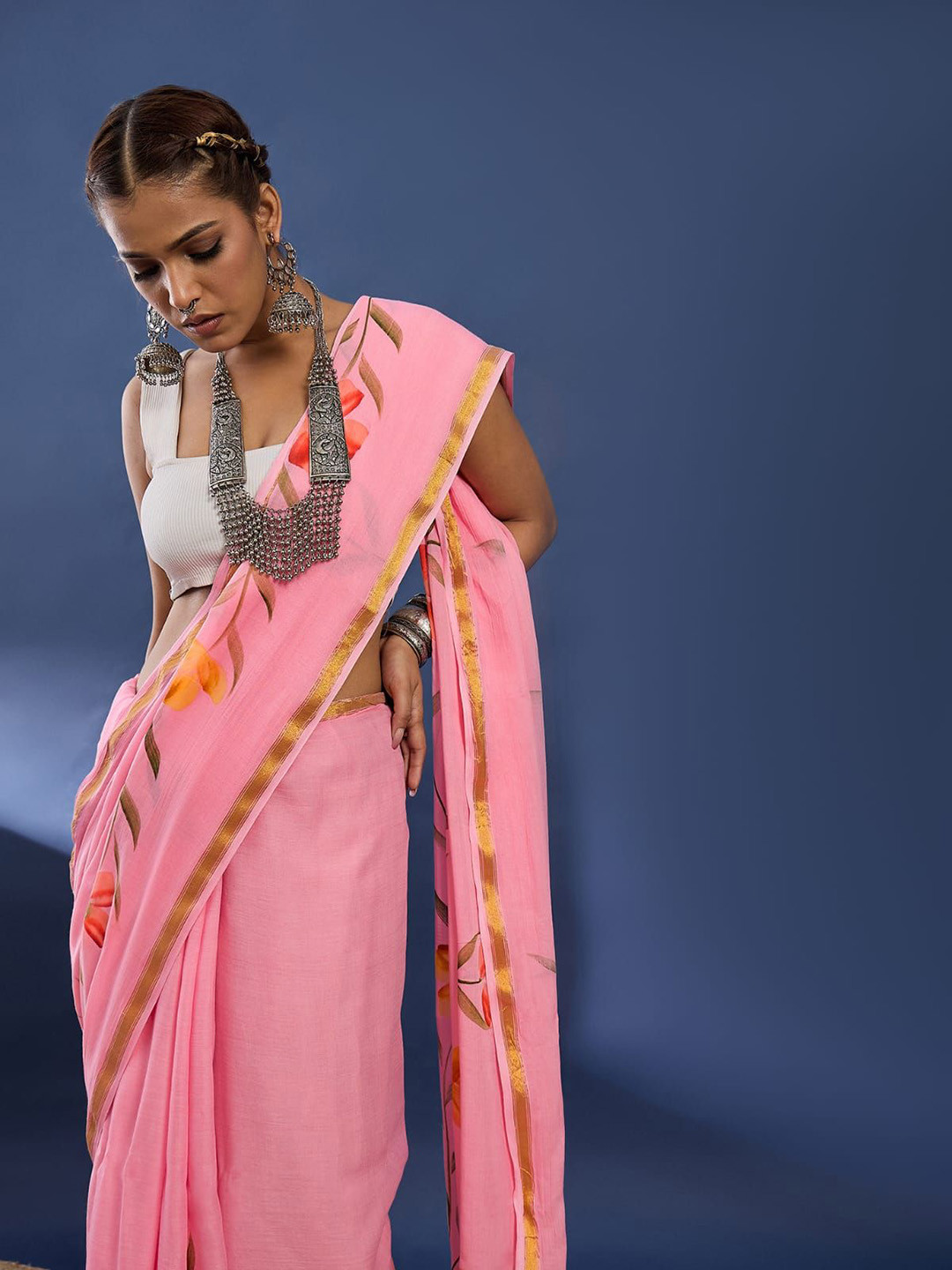 Taavi Floral Hand Block print Cotton Saree With Blouse