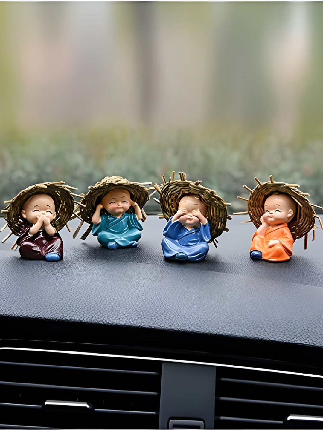 Afterstitch Miniature Buddha Monks with Hat Multicoloured Polyresin Matte Living Room Set of 4 Small Showpieces - 2.4 Inches
