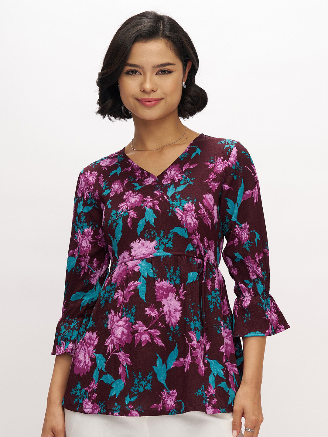 AASK Color Floral V-Neck Bell Sleeves Top