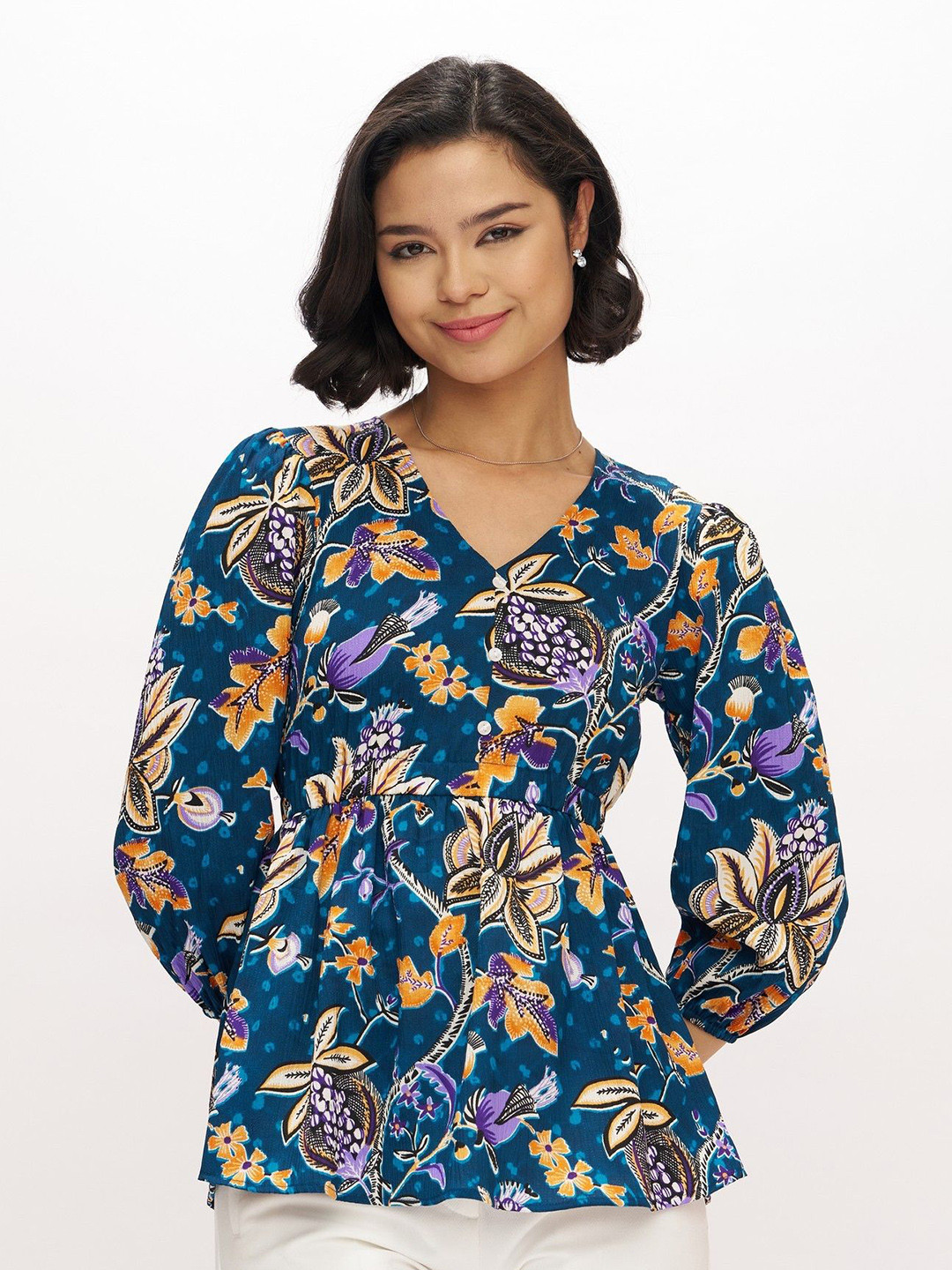 AASK Women Blue Floral Printed Puff Sleeve Crepe Top