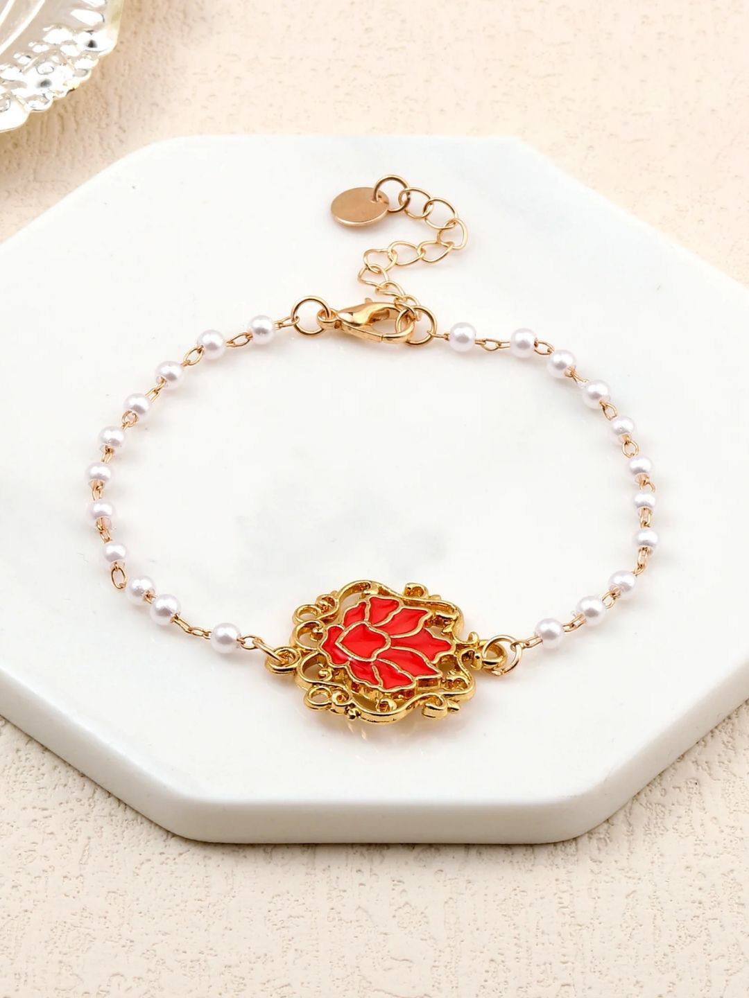 SALTY Pack of 2 Women Serenity Lotus Red Charm Gold Bracelet