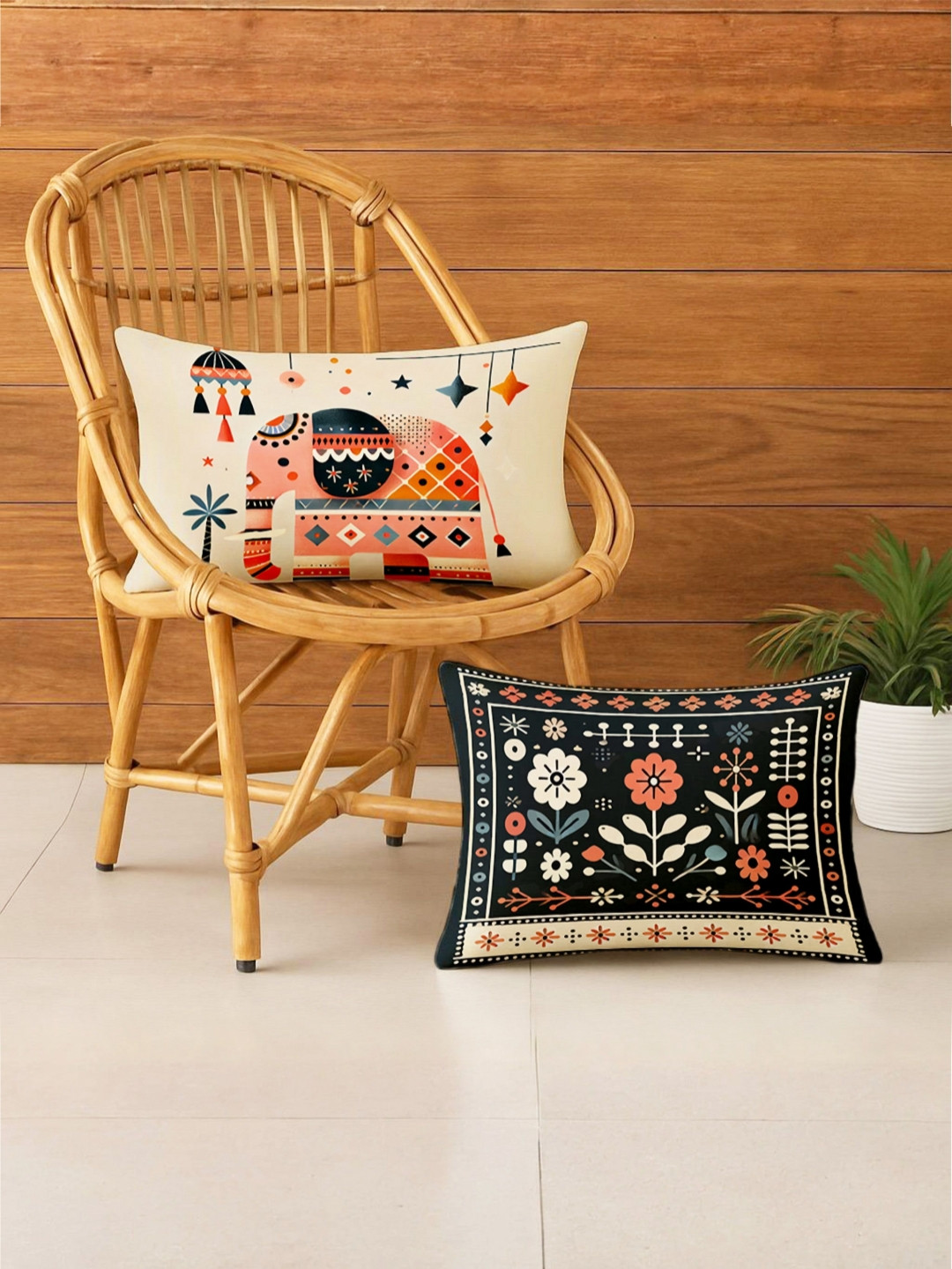 STITCHNEST Set of 2 Navy Blue & Off White Printed Cushion Cover