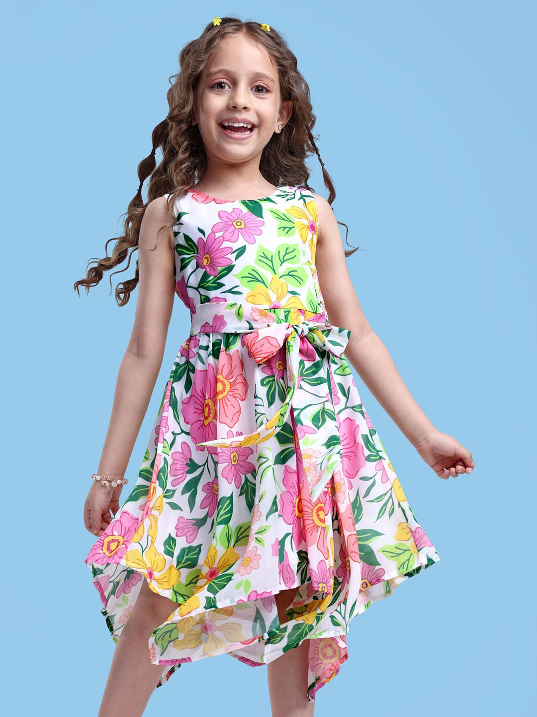 Hola Bonita Kids Girls Floral Printed Round Neck Georgette Fit & Flare Dress with Belt