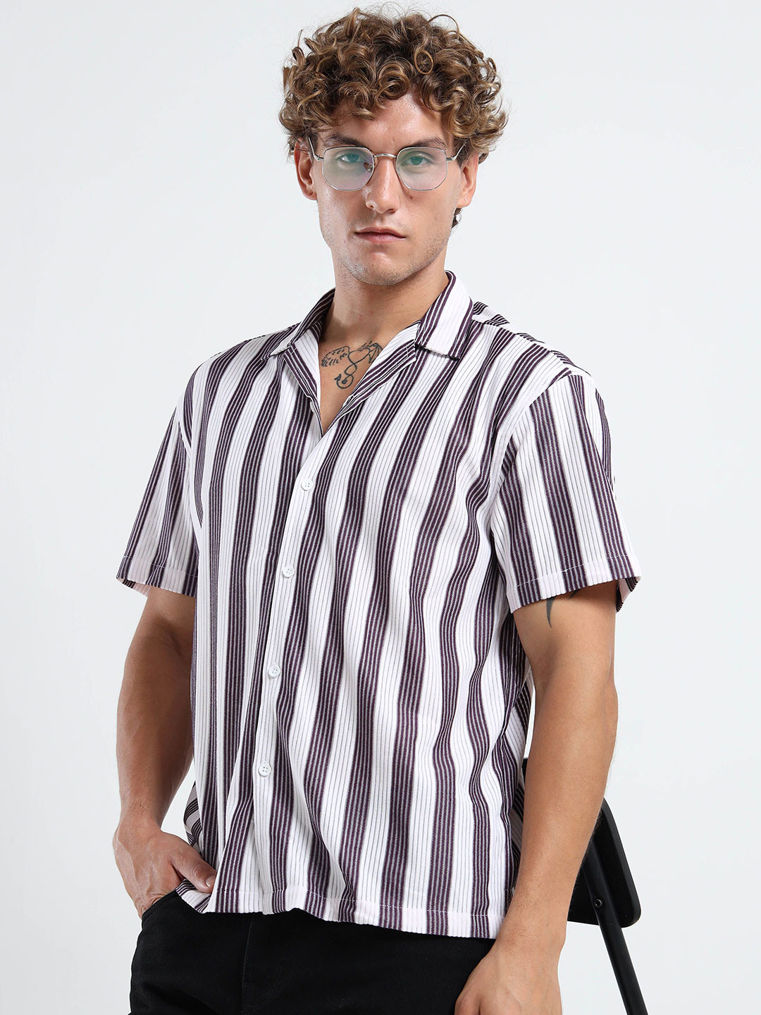 THE BEETEL HOUSE Striped Cuban Collar Casual Shirt