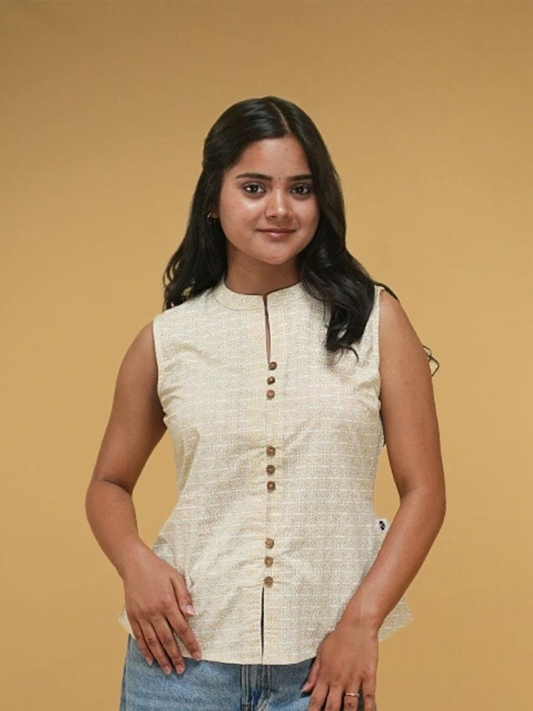 Nilam India Women Solid Mandarin Collar Cotton Shirt Style Organic Cotton Top