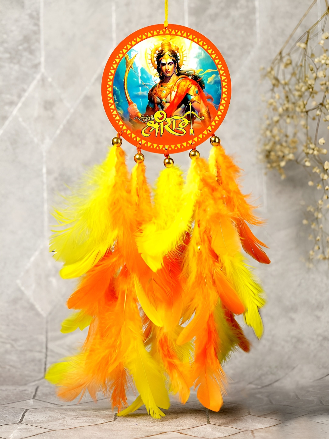 COLOR SPLASH Orange-Colored & Yellow Shree Ram Feathers Car Dream Catcher