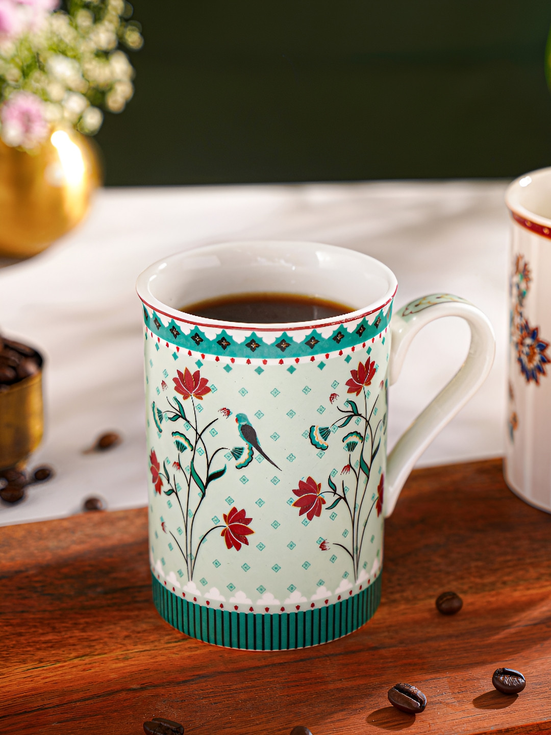 JAYPORE Green & Red Floral Printed Porcelain Matte Mugs Set of Cups and Mugs