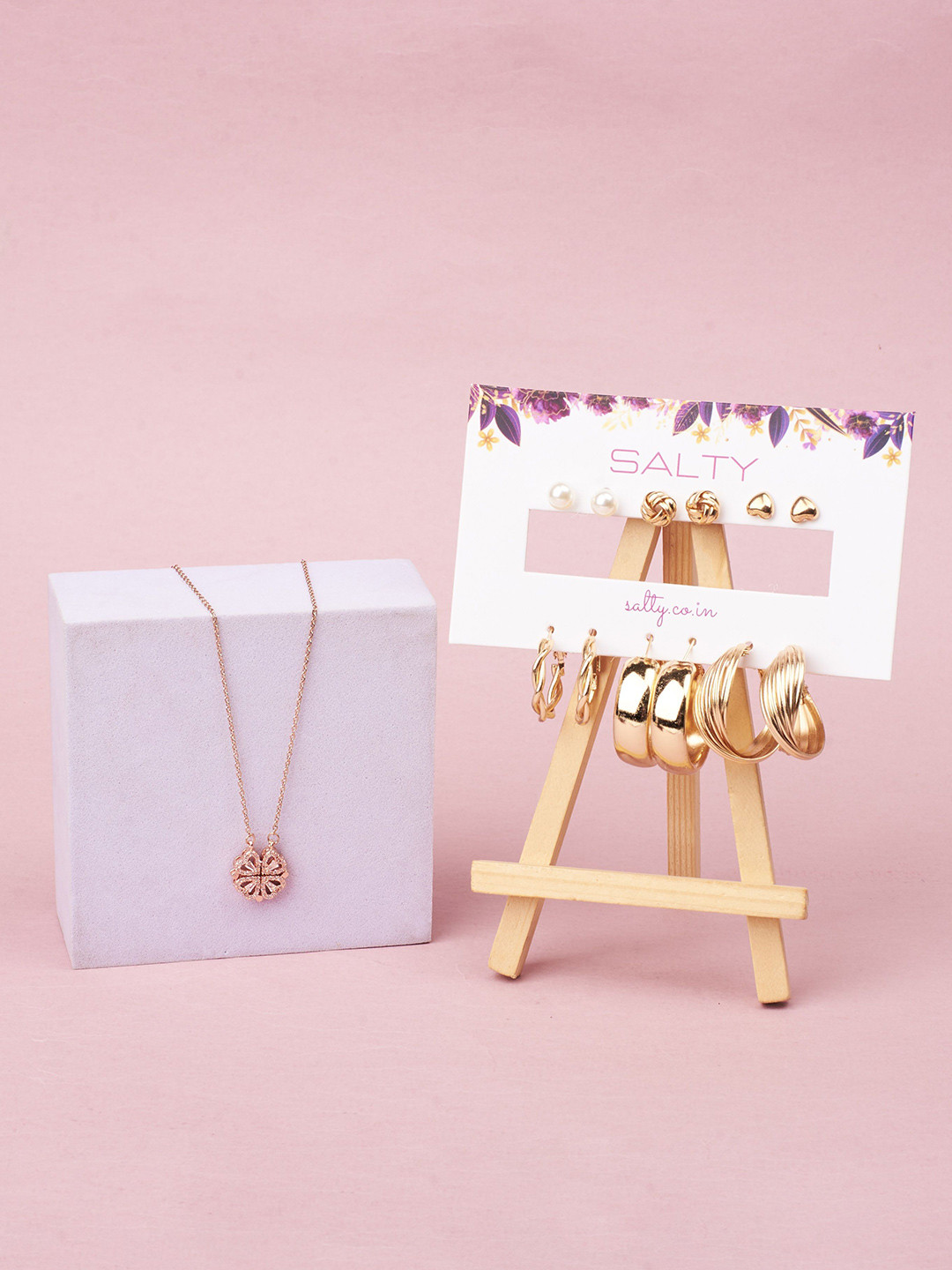 SALTY Set Of 6 Earrings With Stones Studded Pendant Chain Jewellery Set