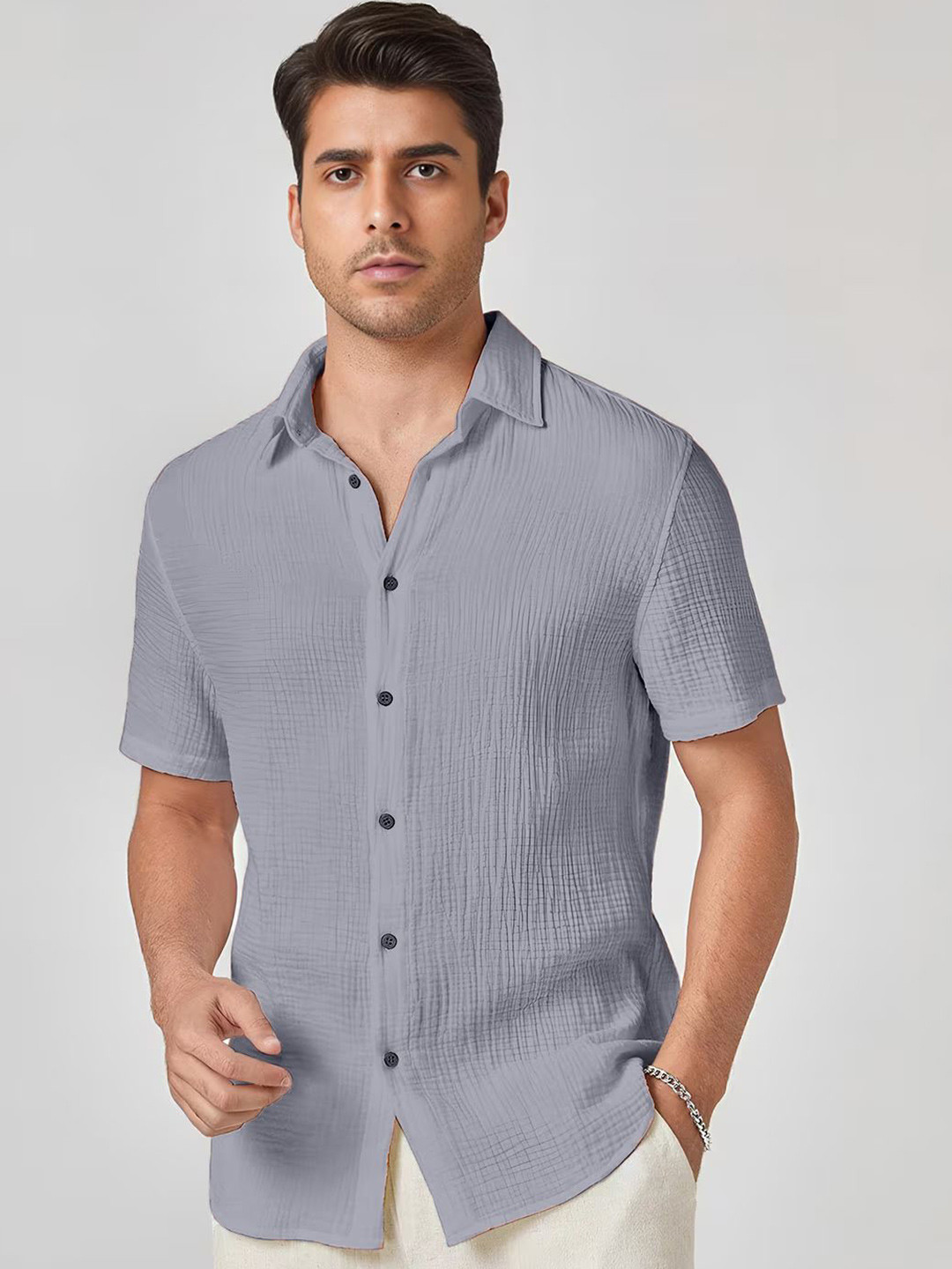 TIGER SNAKE Textured Spread Collar Comfort Casual Shirt