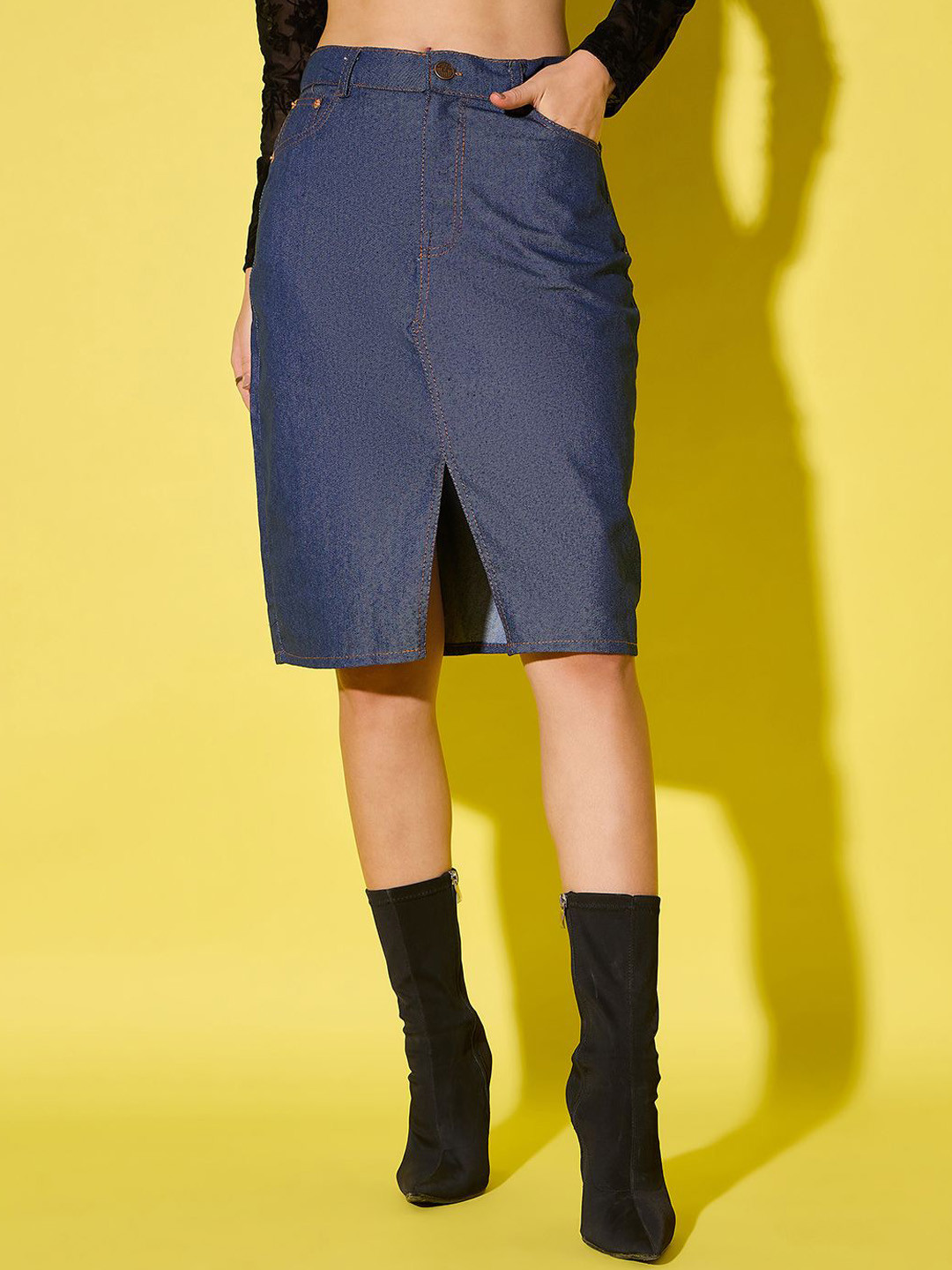 QIOA High-Wasit Straight Knee Length Denim Skirt
