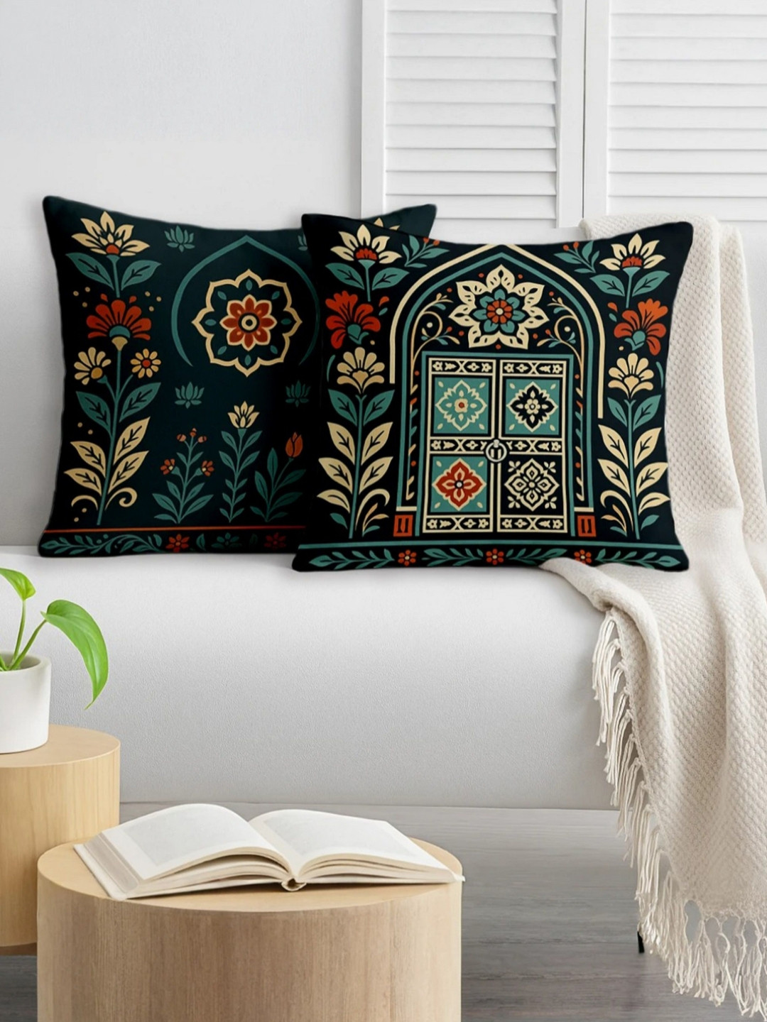 STITCHNEST Rajasthani Haveli Door Floral Satin Washable 2 Pcs Cushion Covers - 16 x 16 In