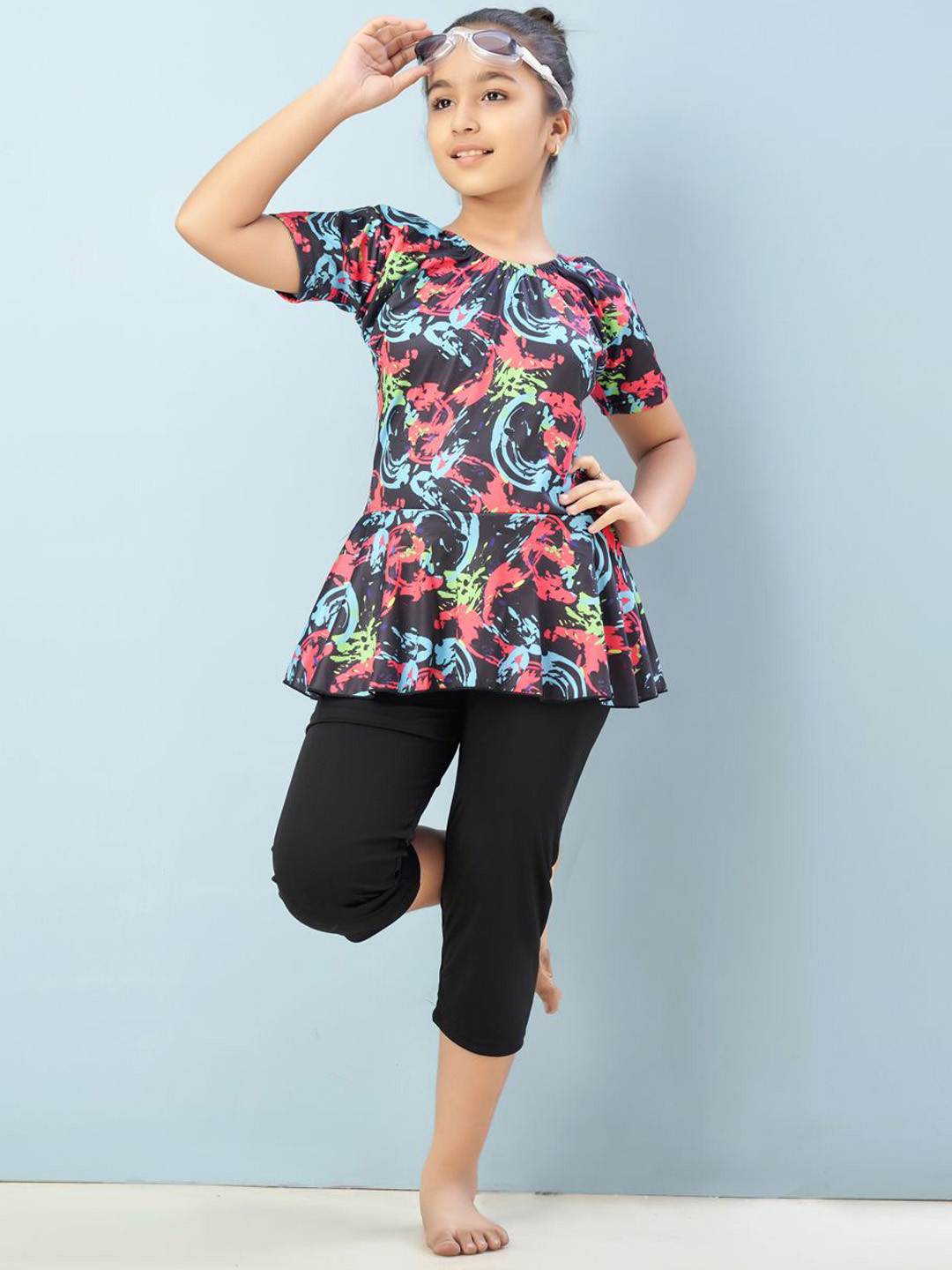 Aarika Girls Abstract Printed Sports Wear Round Neck Swim Suit With Goggle