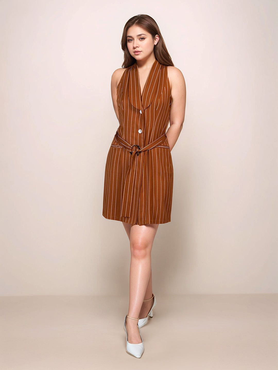 Zink London Women Brown Stripes Collar Neck Sleeveless Short Dress