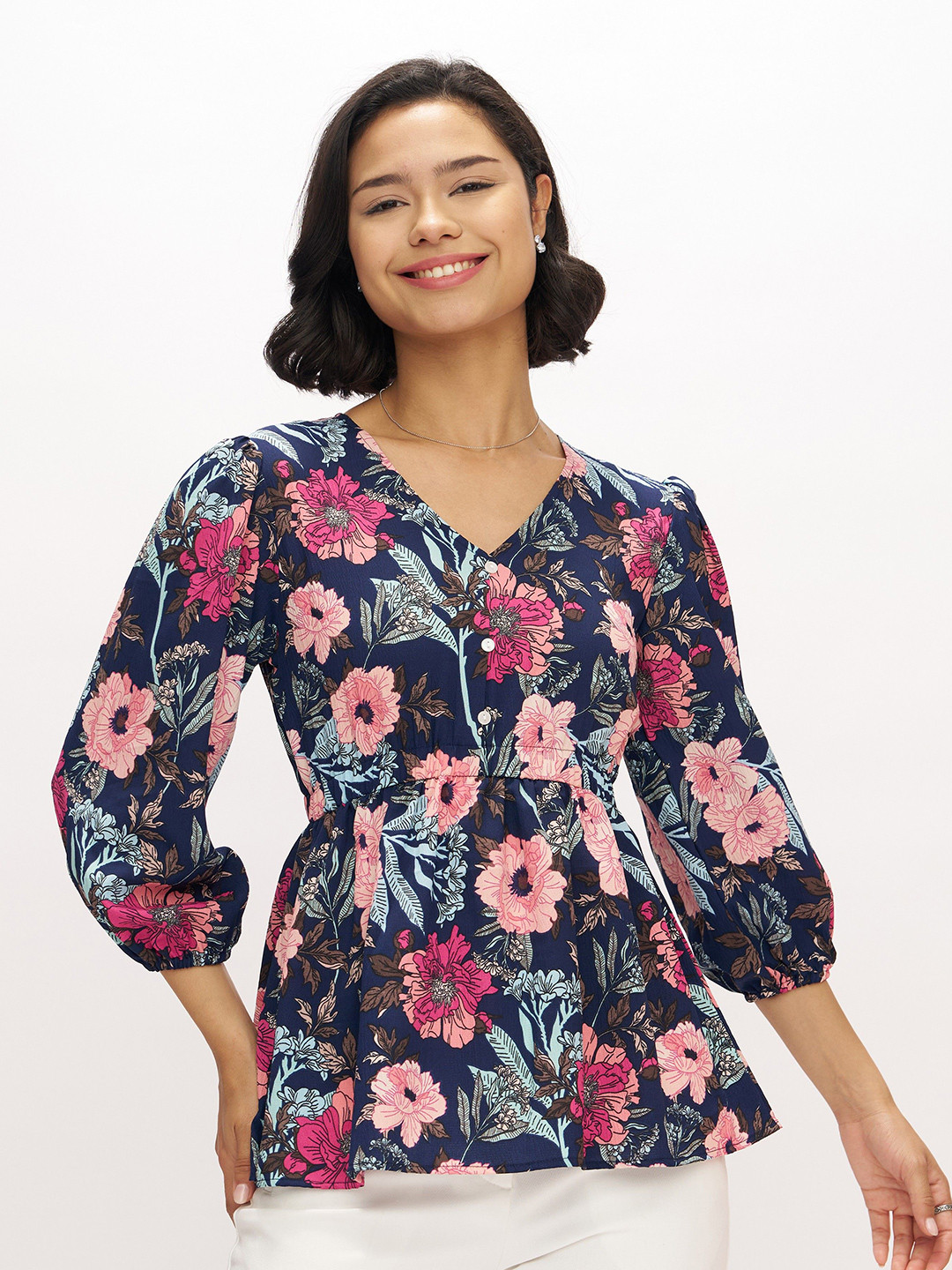 AASK Women Polyester Printed Navy Blue Color Regular Top