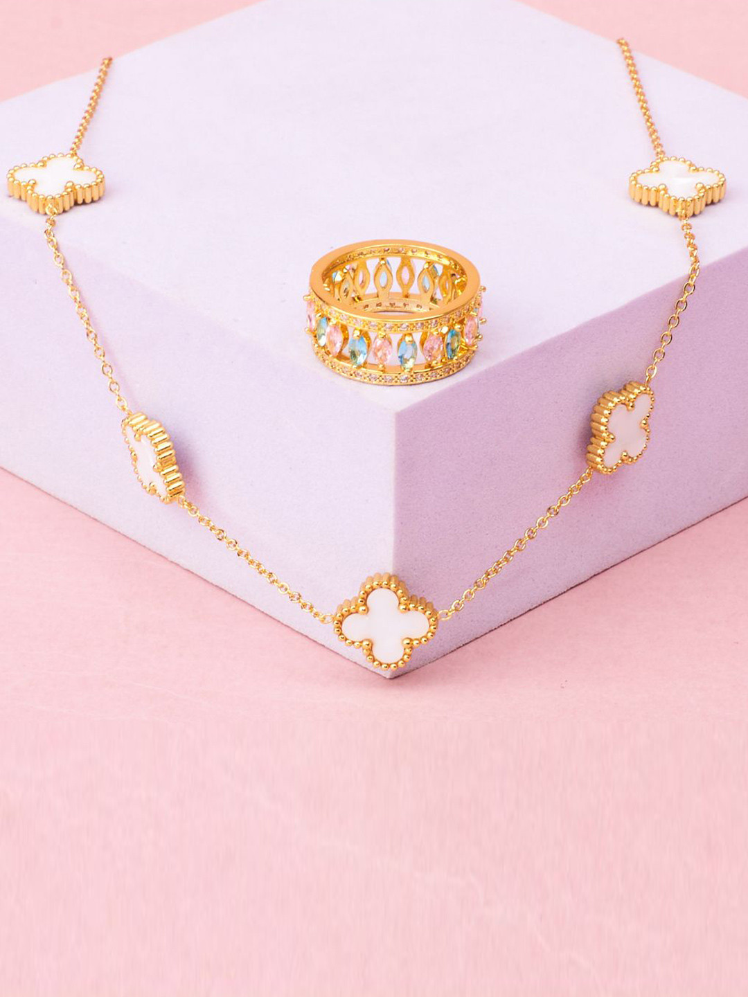 SALTY Dove & Baguette Pendant Chain & Stones Studded Ring Jewellery Set