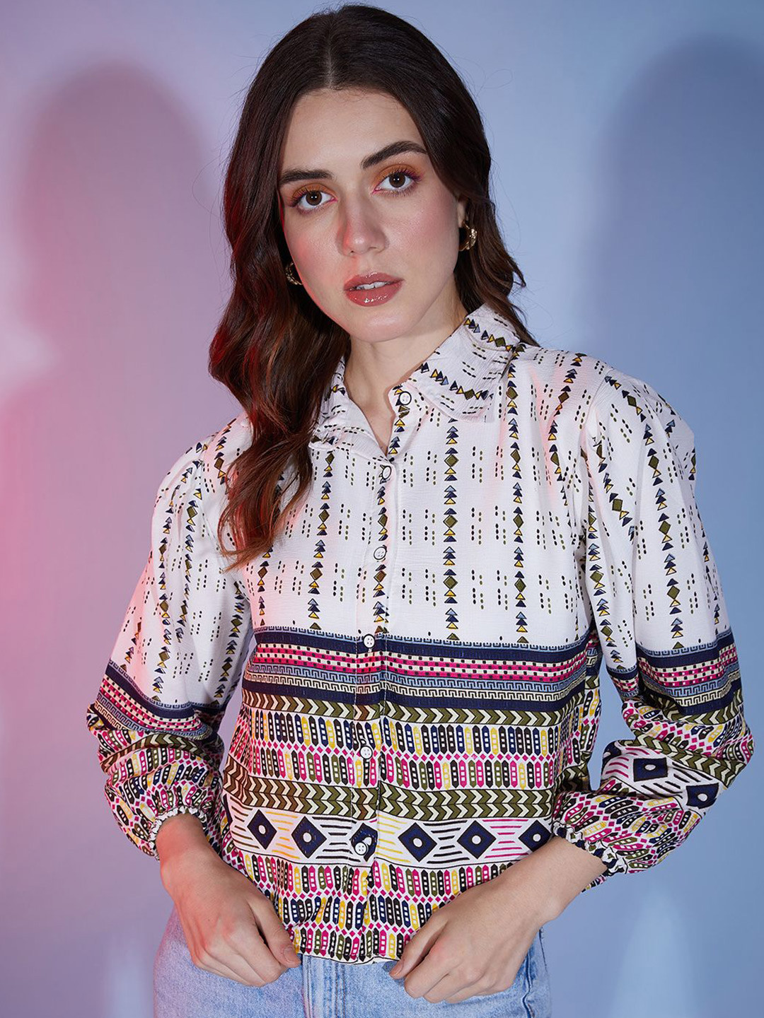 QIOA Geometric Printed Spread Collar Long Sleeves Standard Casual Shirt