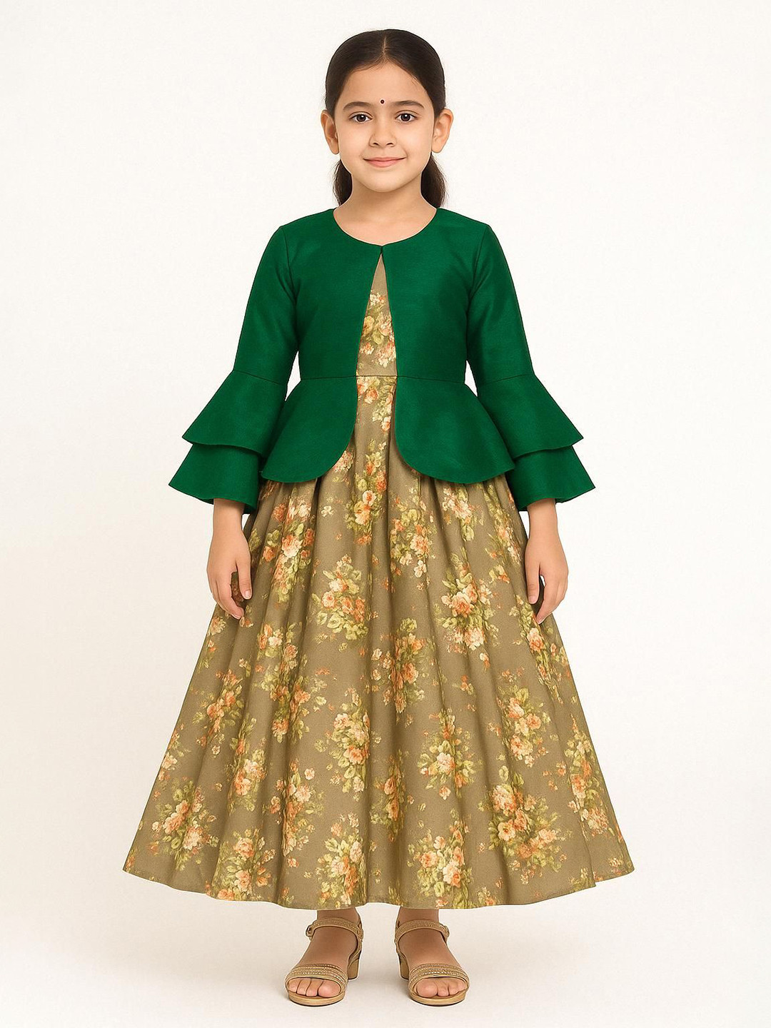 My Lil Princess Girls Printed Bell Sleeve Fit-Flare Maxi Ethnic Dress