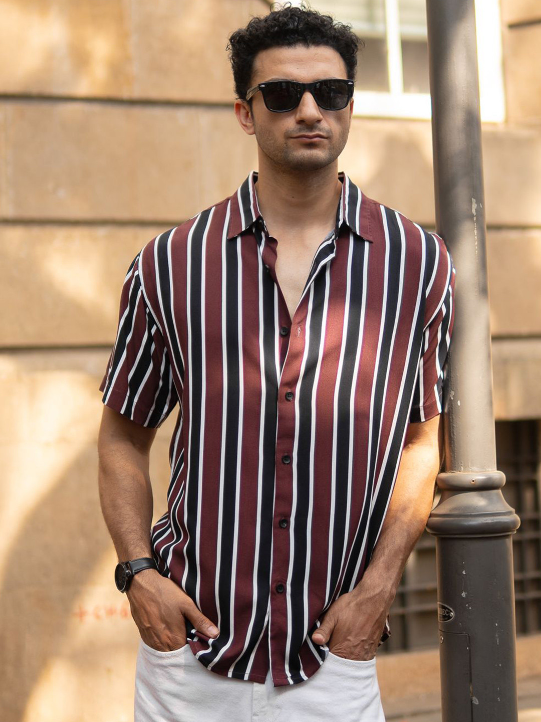 Powerlook ss25 Men Dark Brown Printed Stripe Shirt