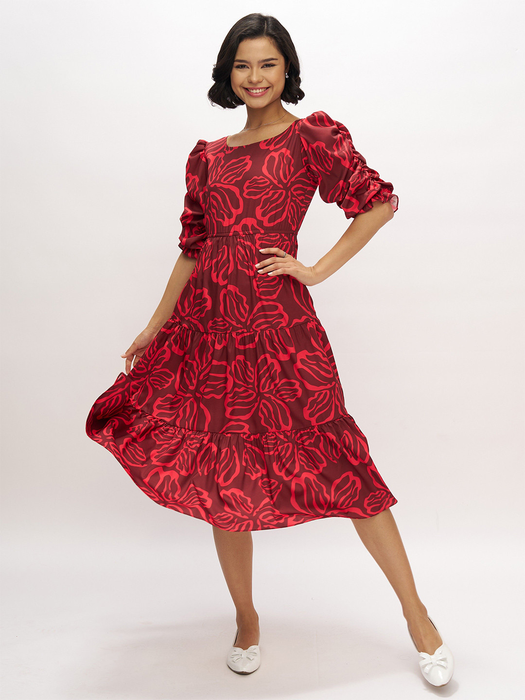 AASK Women Red Printed Delta Crush Calf Length Fit and Flare Dress