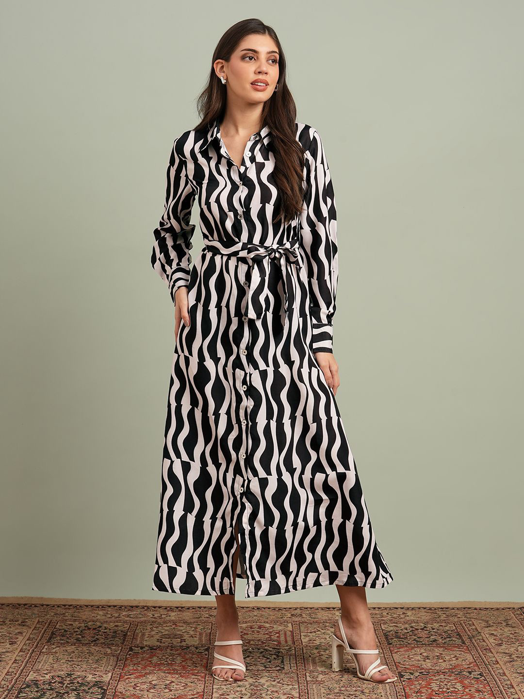 Globus Collared Neck Cuffed Sleeves Abstract Print Maxi Workwear Shirt Dress With Belt