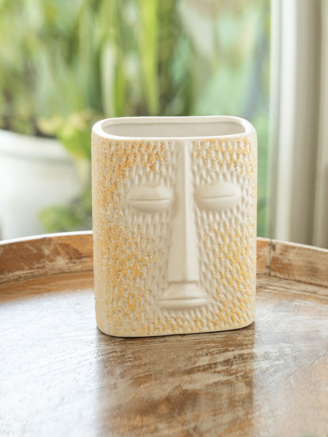 ExclusiveLane The Expression Series White & Yellow Silent Face Ceramic Decorative Vase