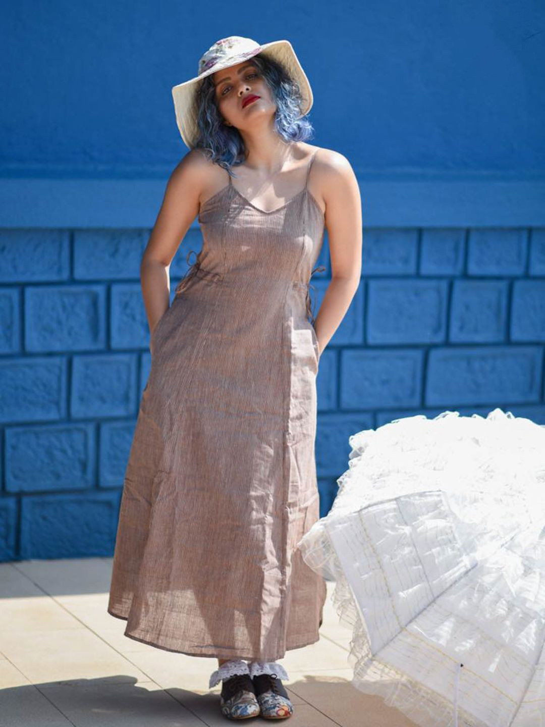 Suta Women Fit And Flare Shoulder Straps Brown Midi Dress