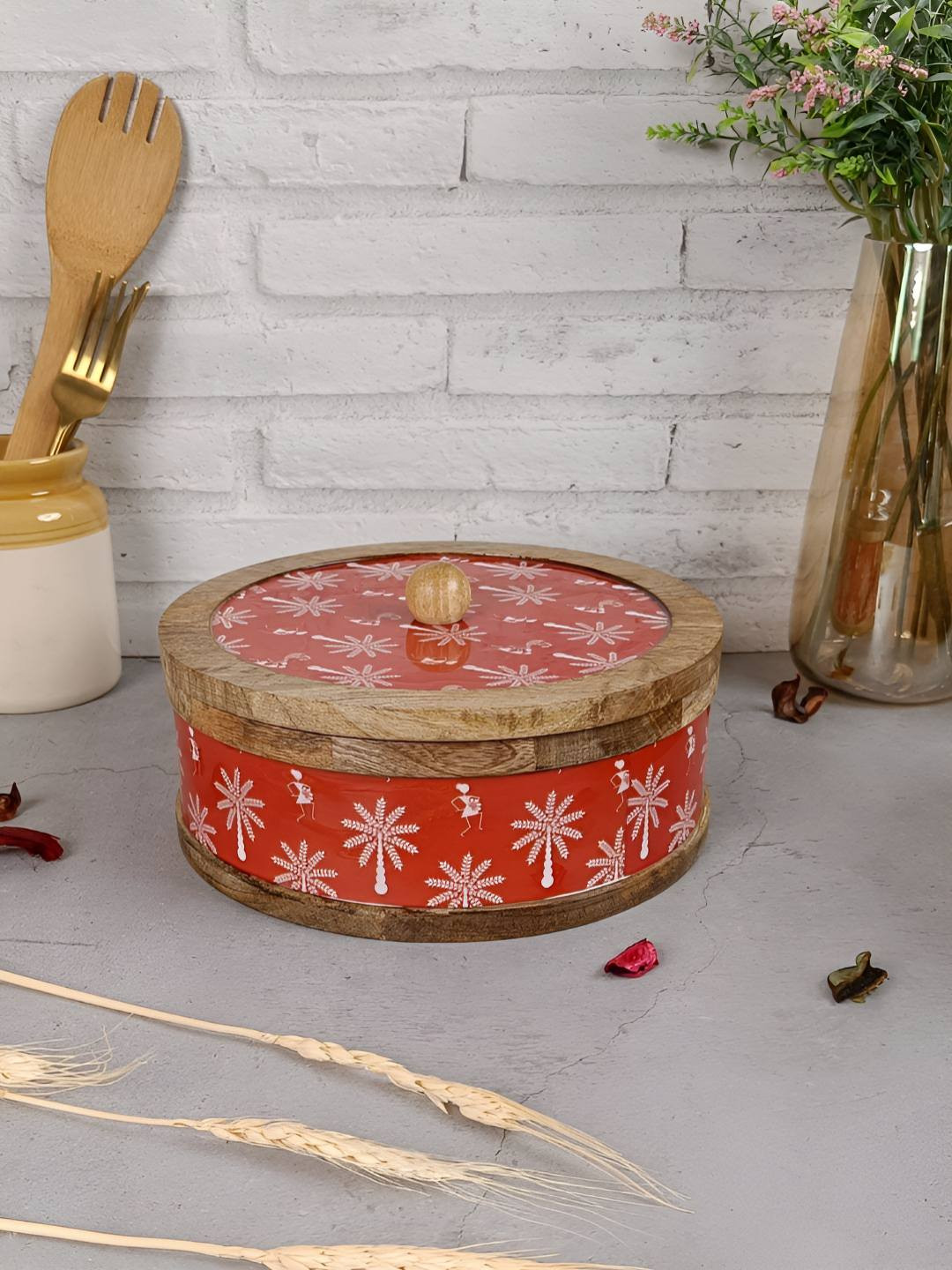 VarEesha Maroon & Beige Warli Printed Wooden Roti Box