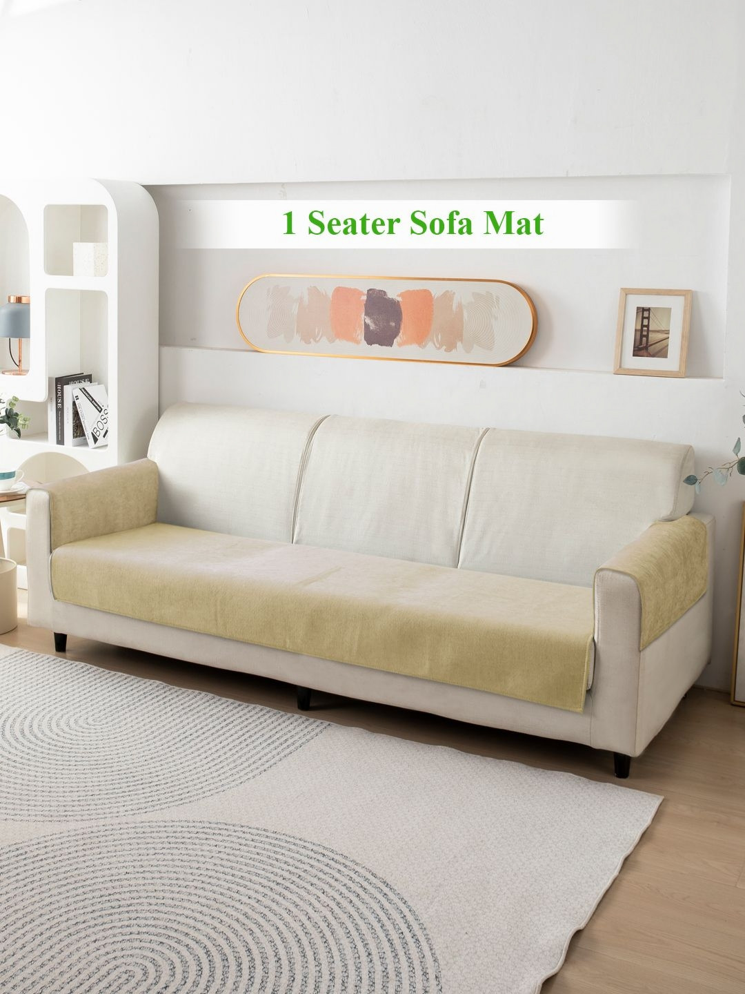 HOKIPO Beige Solid 1 Seater Sofa Seat Mat With 2 Pc Armrest Cover