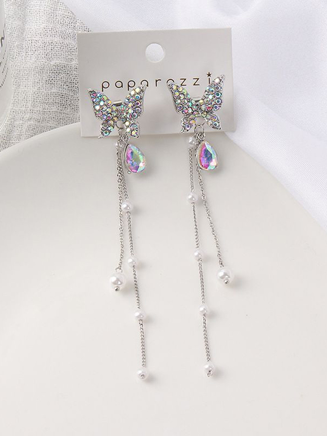 Anouk Silver-Plated American Diamond Butterfly Shaped Korean Drop Earrings