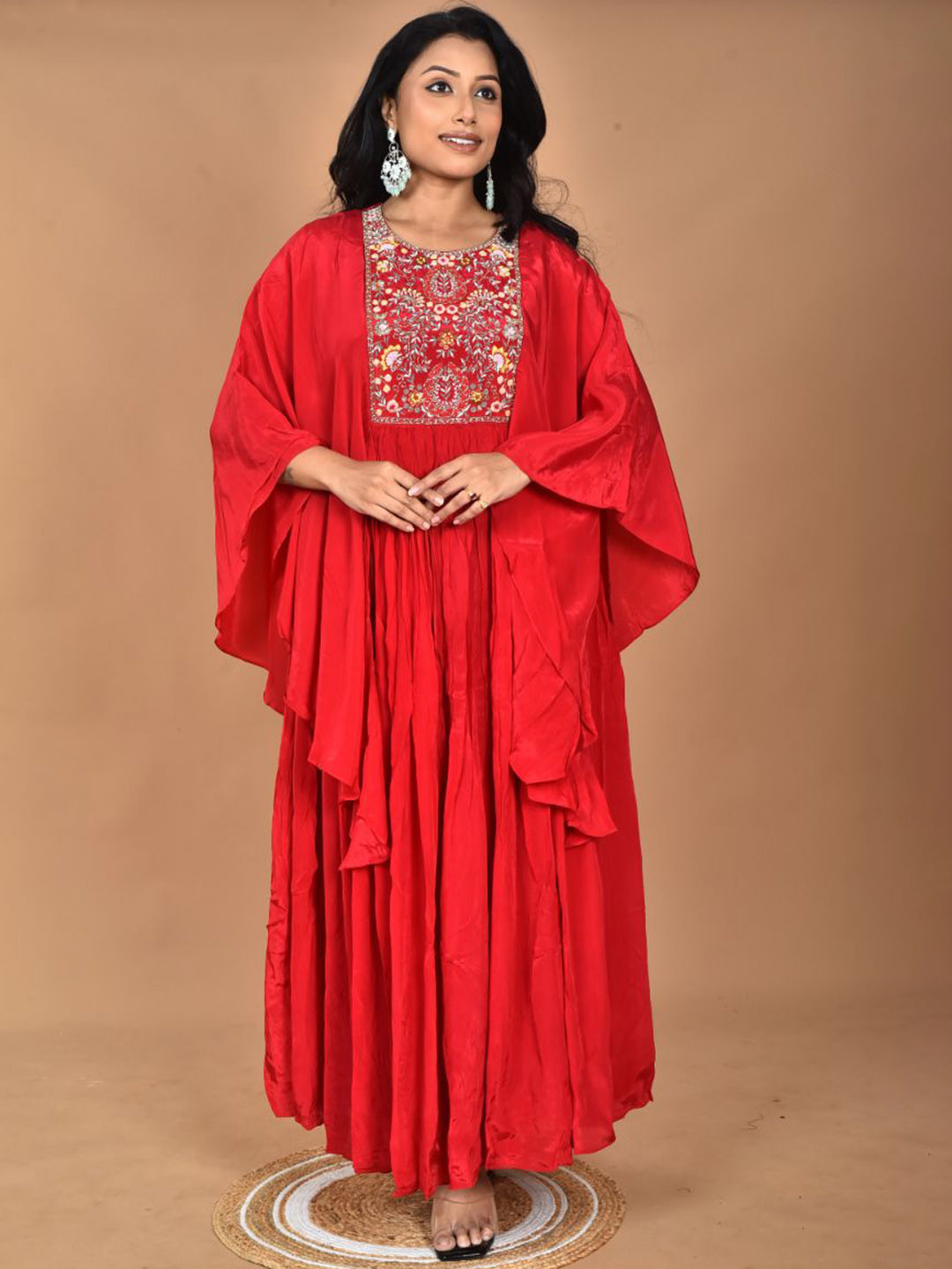 Morchari Floral Zari Embroidered Silk Kaftan Maxi Dress