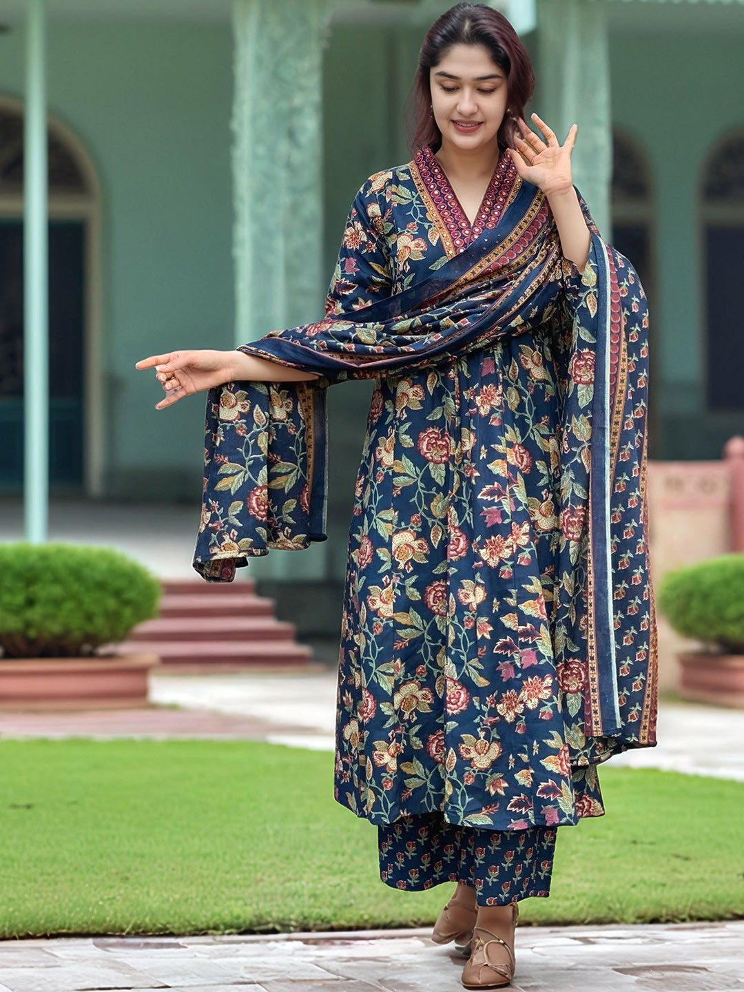 Anni Designer Floral Printed V-Neck Anarkali With Palazzos & Dupatta