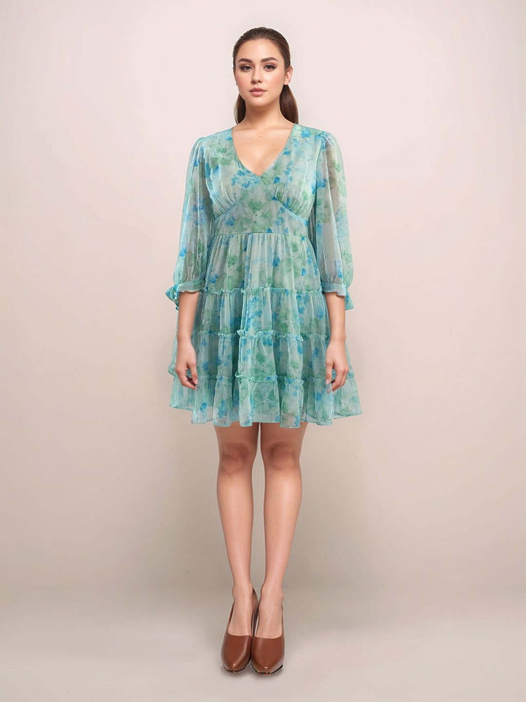 Zink London Multi Floral V-Neck Long Sleeves Short Dress