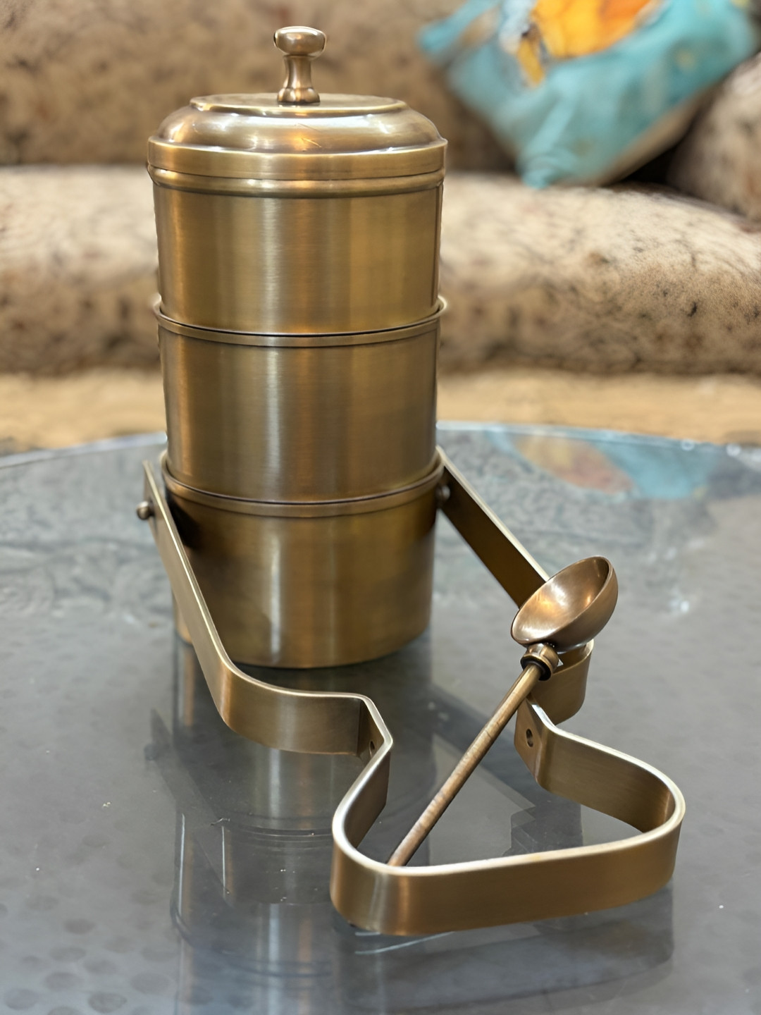 PURI Vintage Style 3 Tier Antique Finish Brass Easy to Clean Lunch Box With Spoon and Fork