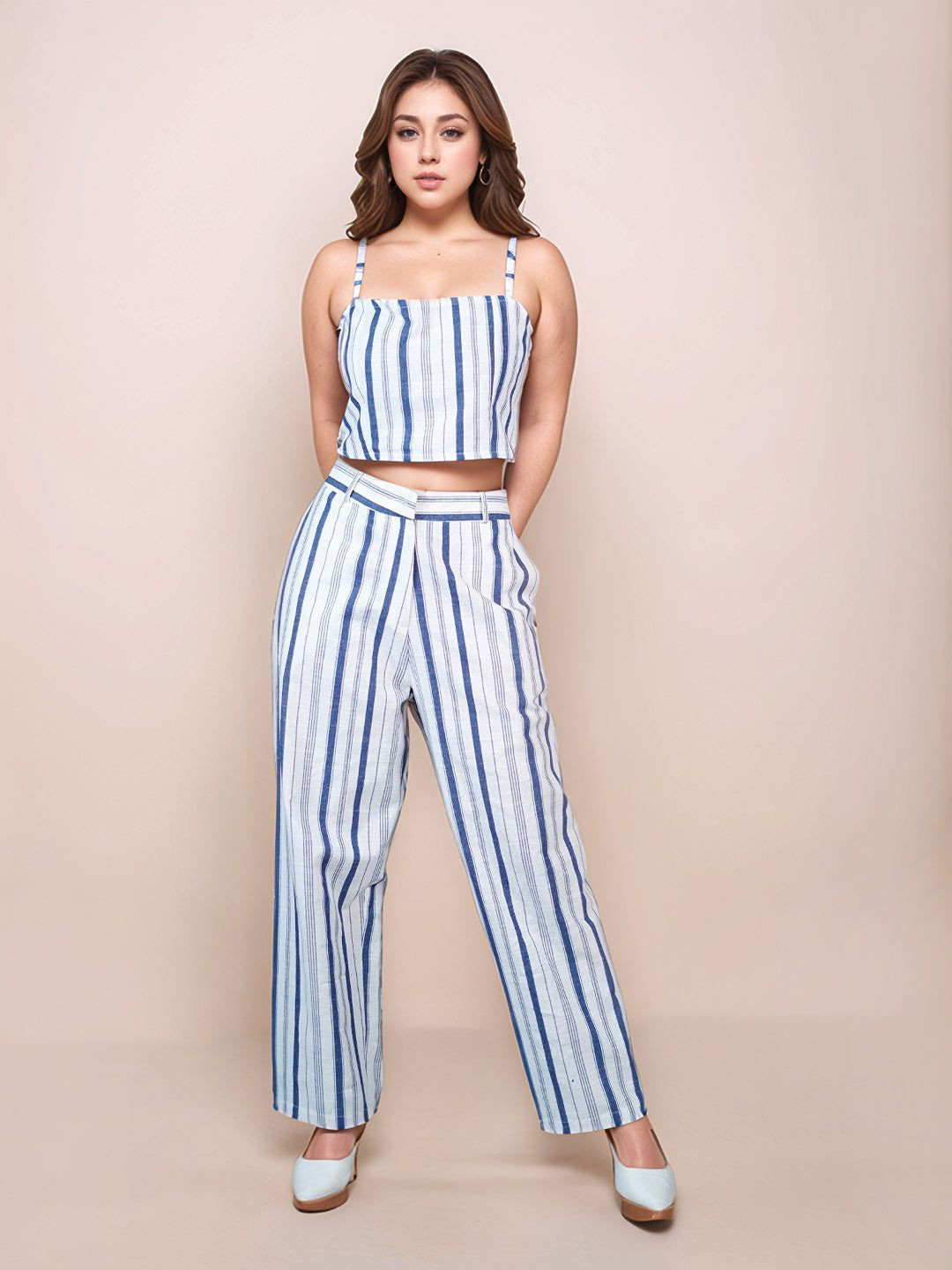 Zink London Women Striped Pure Cotton Blue & White Geometric Trousers