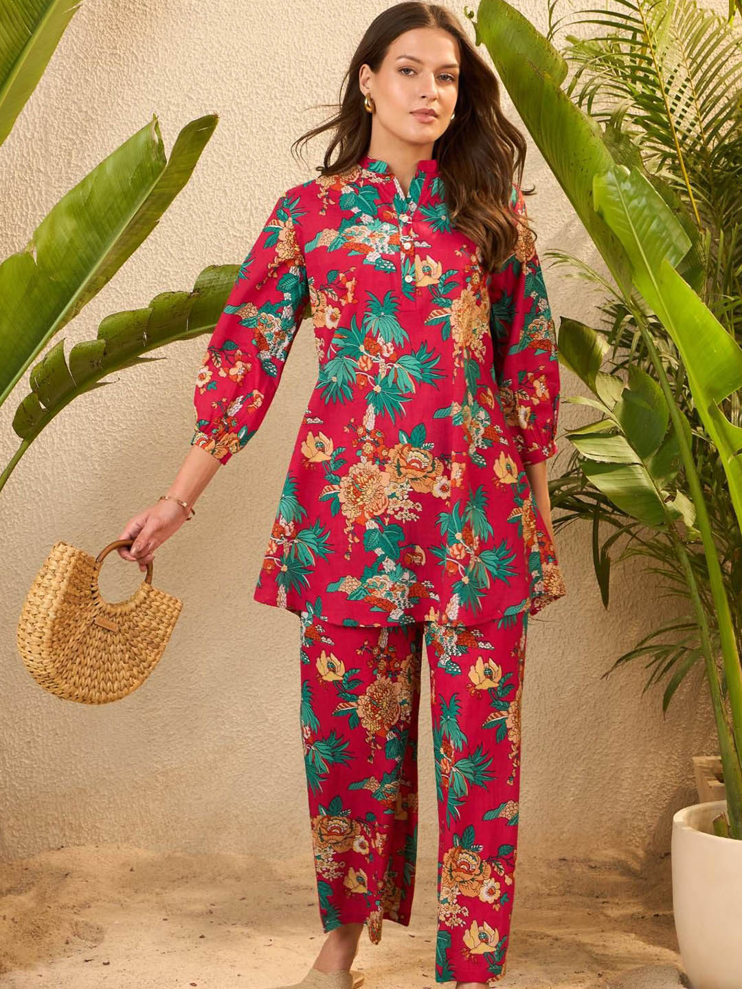IMANA Floral Printed Pure Cotton Madarin Collared Tunic With Palazzos Co-Ords