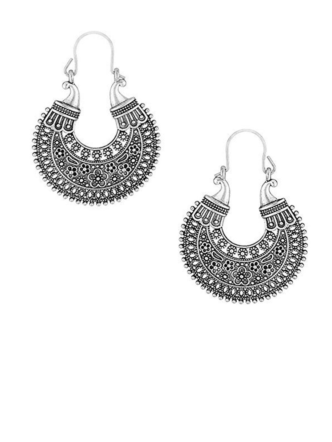HIGH TRENDZ Silver-Plated Oxidised Crescent Shaped Hoop Earrings