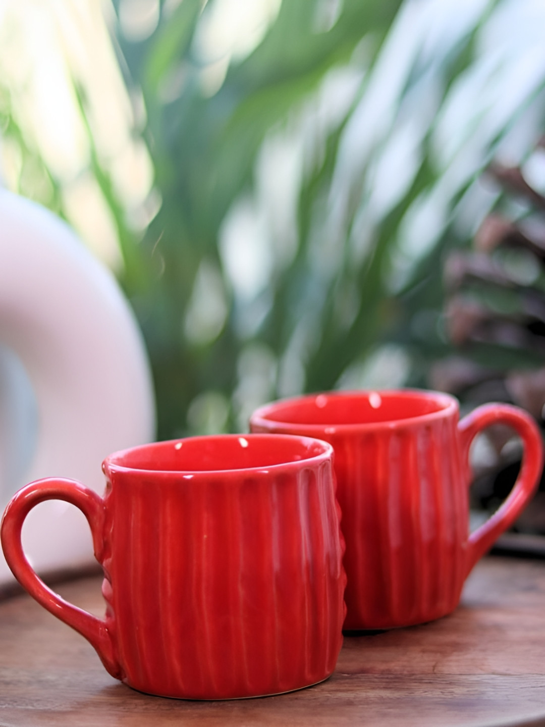 Rare Planet Red 2 Pieces Textured Ceramic Glossy Mugs-270 ml each