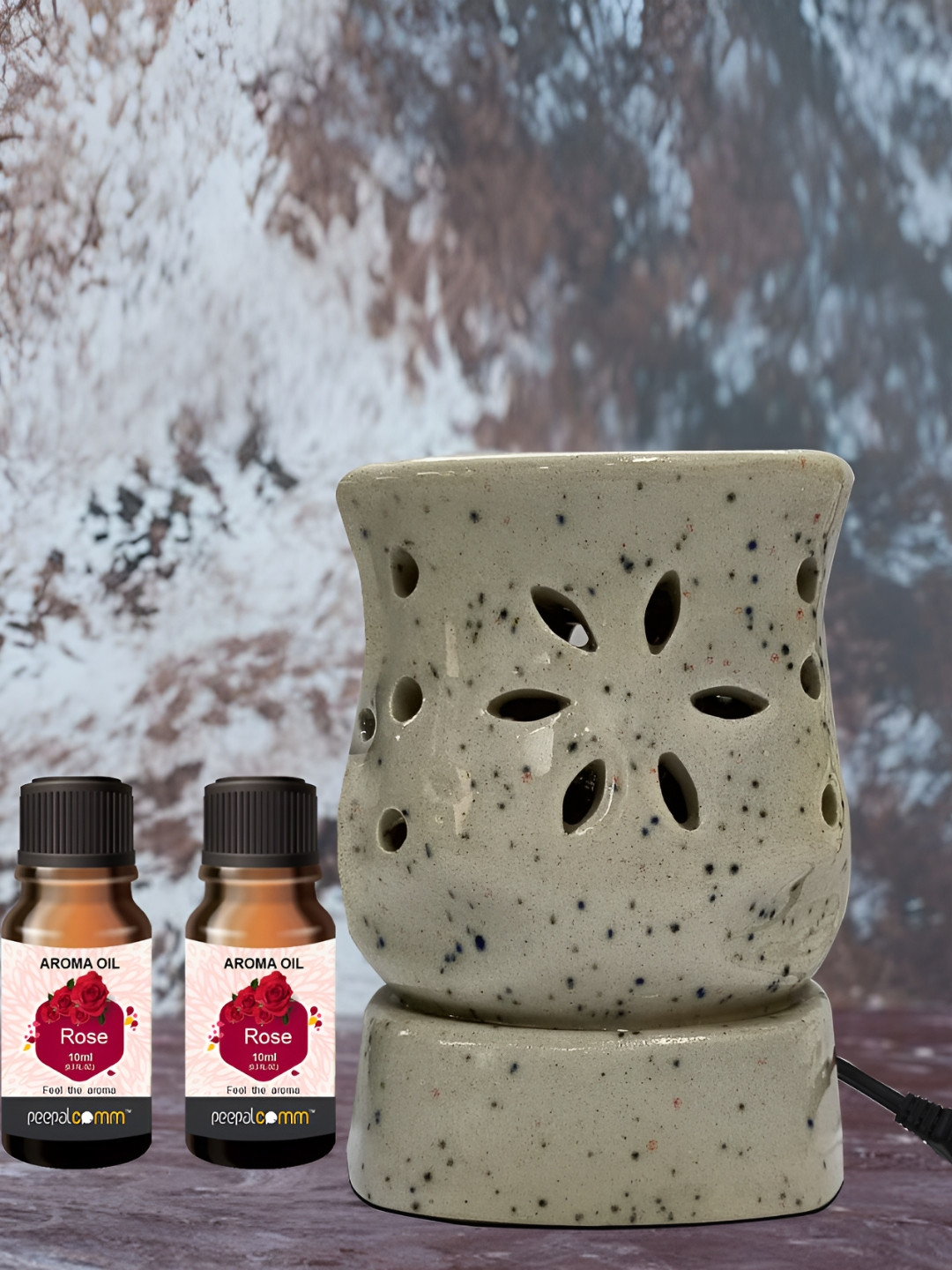 PEEPALCOMM 3Pcs White Electric Damru Shaed Diffuser With Rose Oils - 10 ml Each