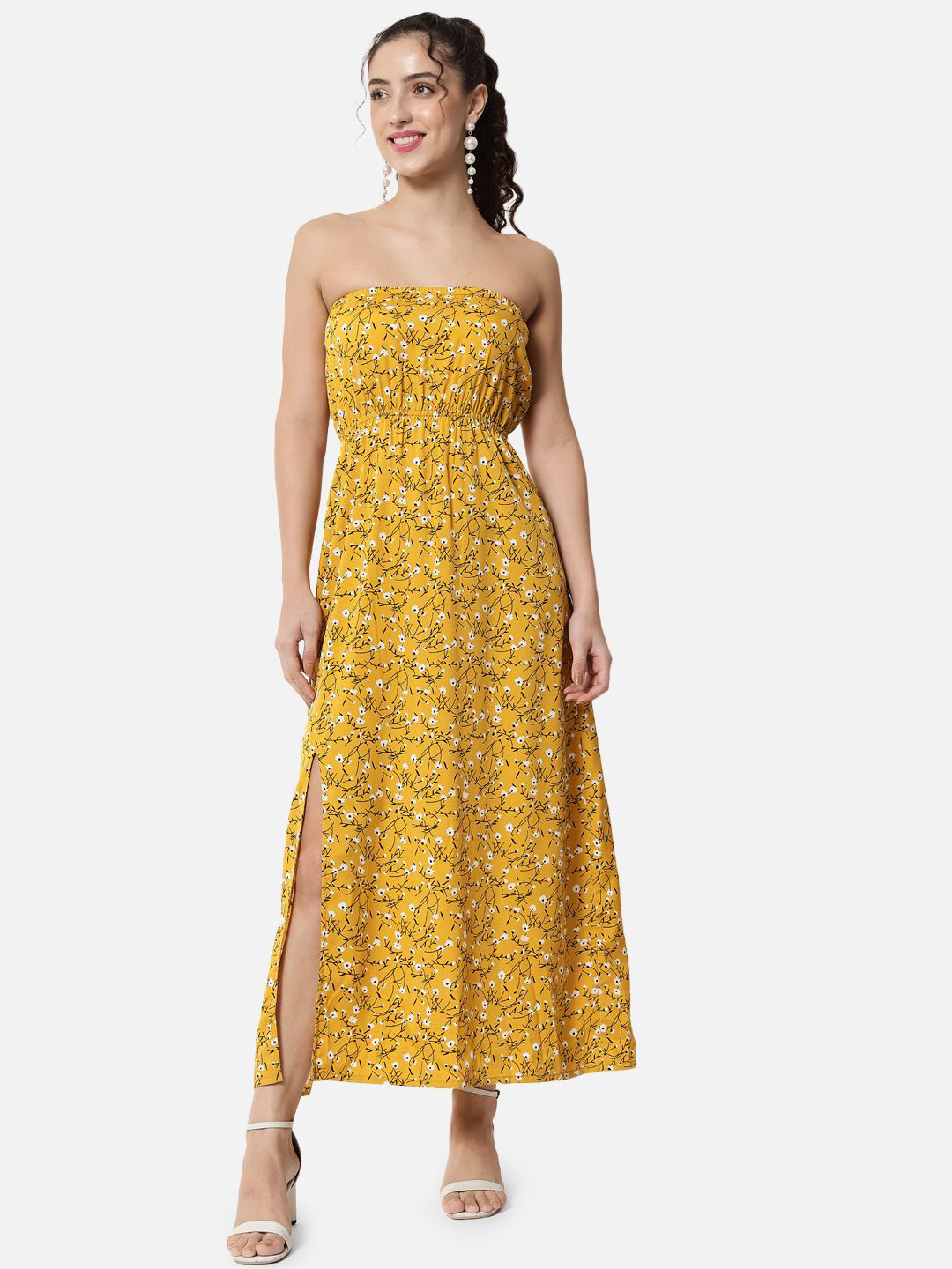 OTIRA Floral Printed Slits Strapless A-Line Maxi Dress