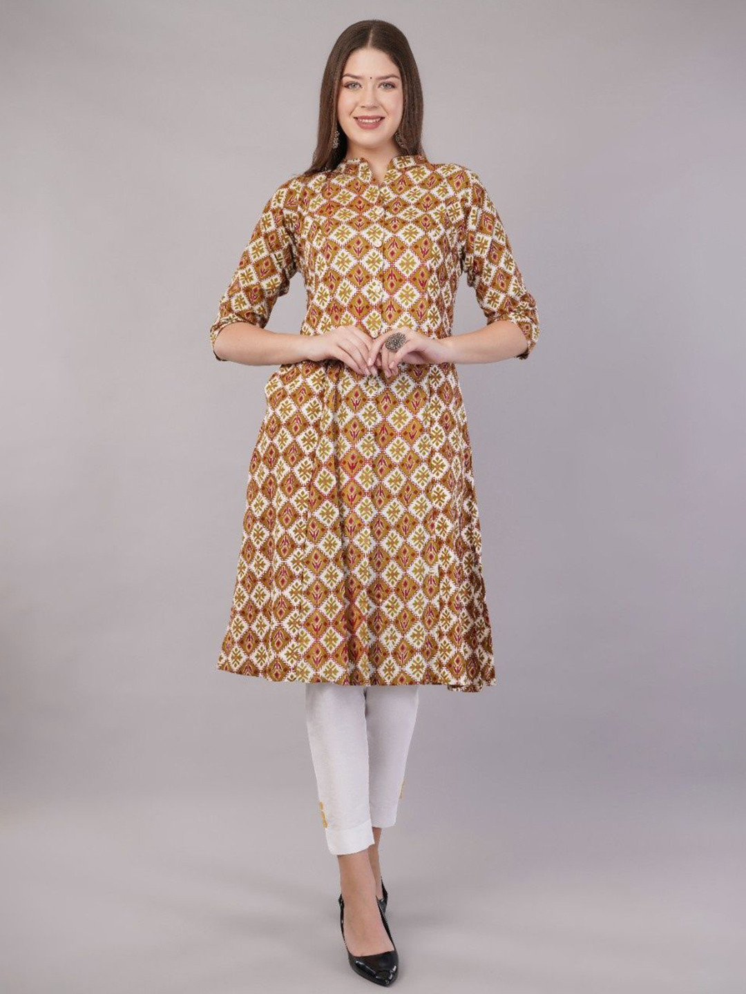 JIDI FASHION Geometric Printed Mandarin Collar A line Kurta