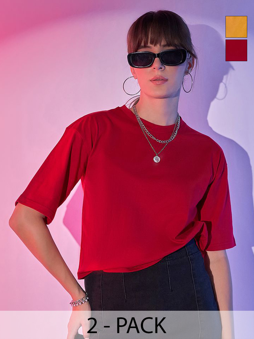 Pack of 2 Mustard and Red Round Neck Regular Fit T-shirts