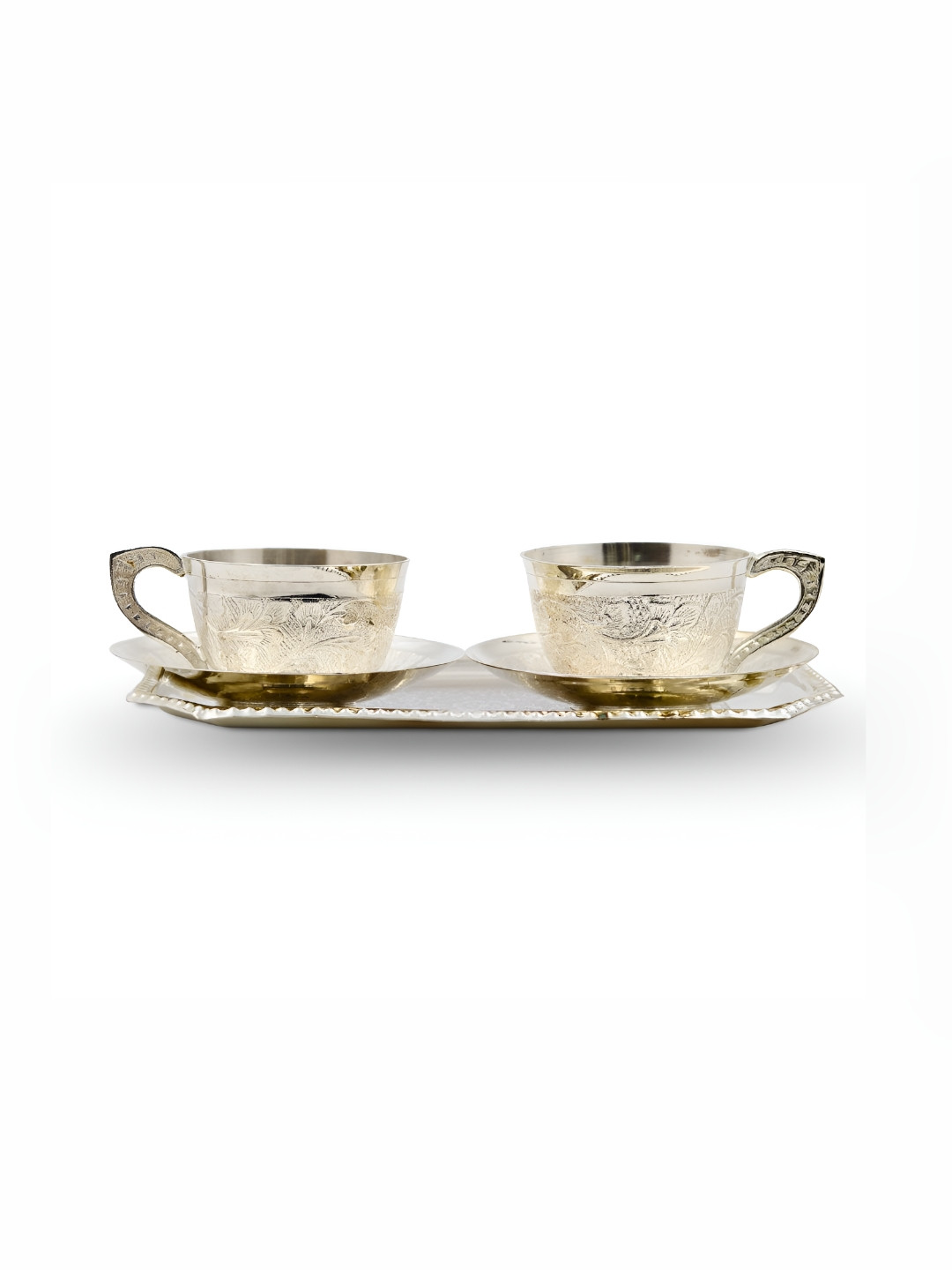 INTERNATIONAL GIFT Tea Series Silver Floral Brass Handmade 2 Piece Cups with 2 Saucers and Tray-150ml