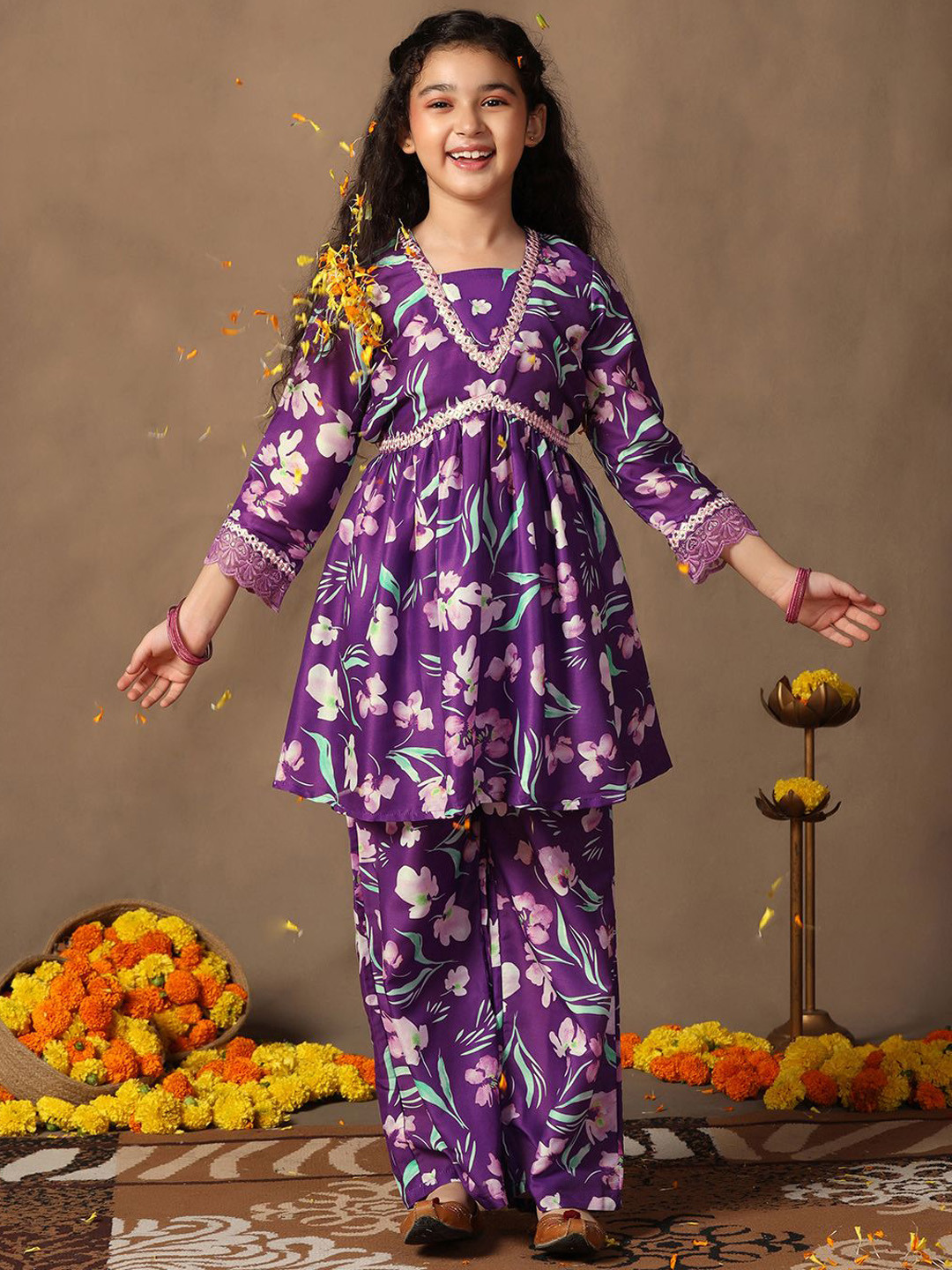 BAESD Girls Purple Muslin Floral Printed Flared Kurta With Palazzo Set