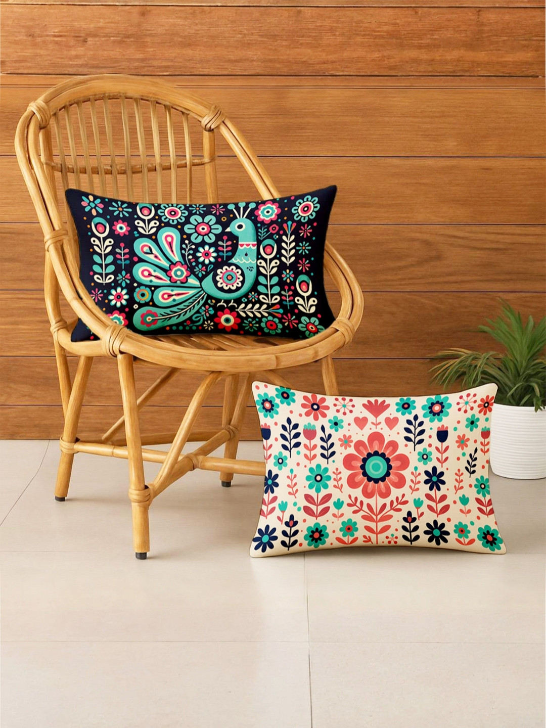 STITCHNEST Folk Art Floral Satin Ultra Soft 2 Pcs Rectangle Cushion Covers - 12 x 18 In